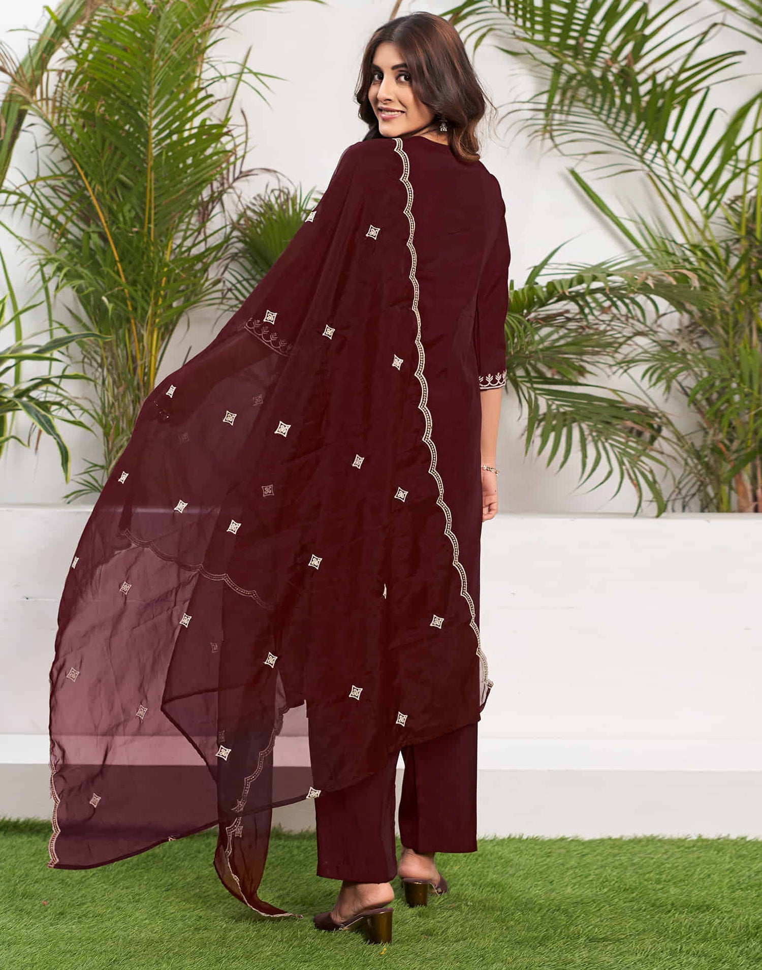 Maroon Embroidery Silk Straight Kurta With Pant And Dupatta