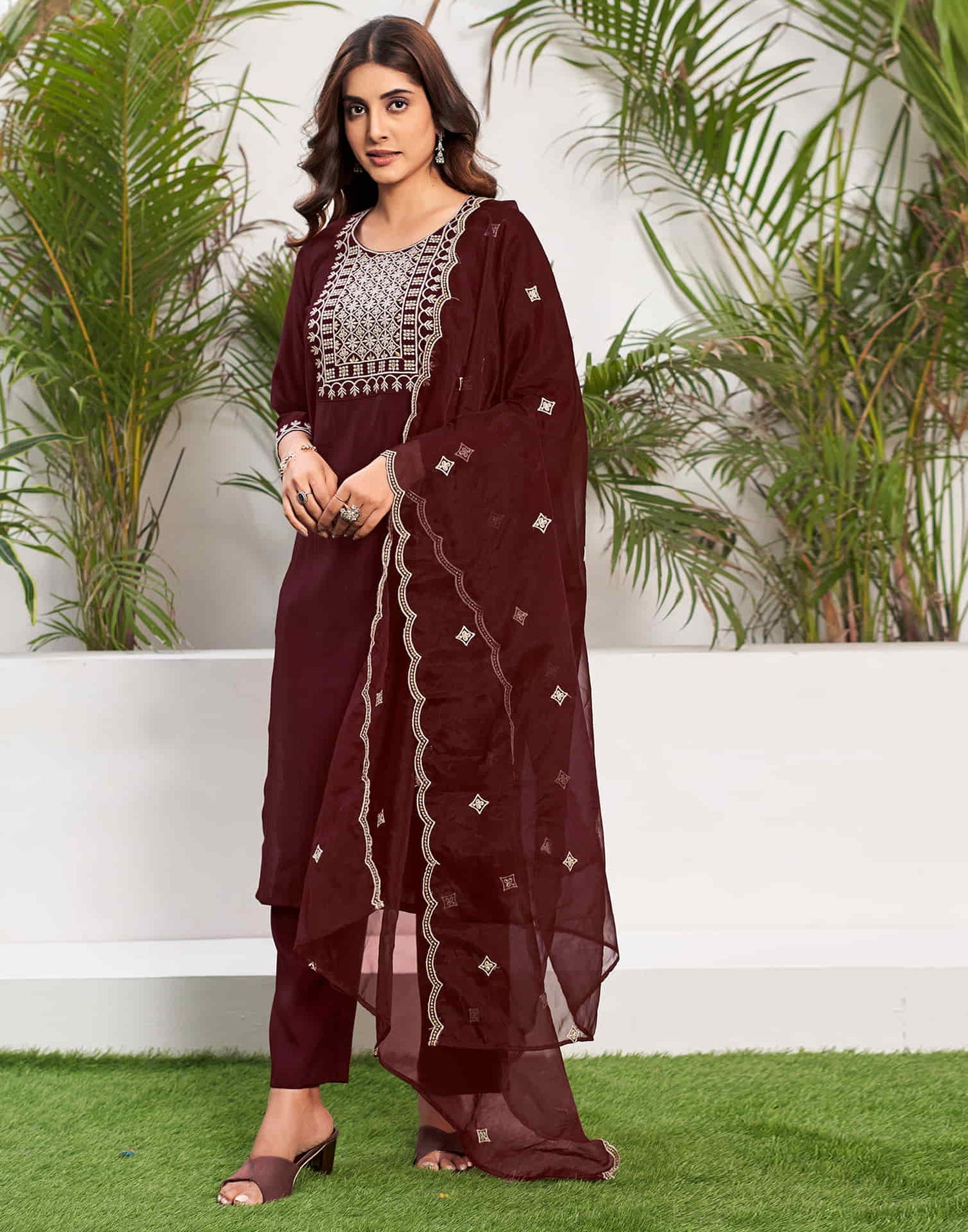 Maroon Embroidery Silk Straight Kurta With Pant And Dupatta