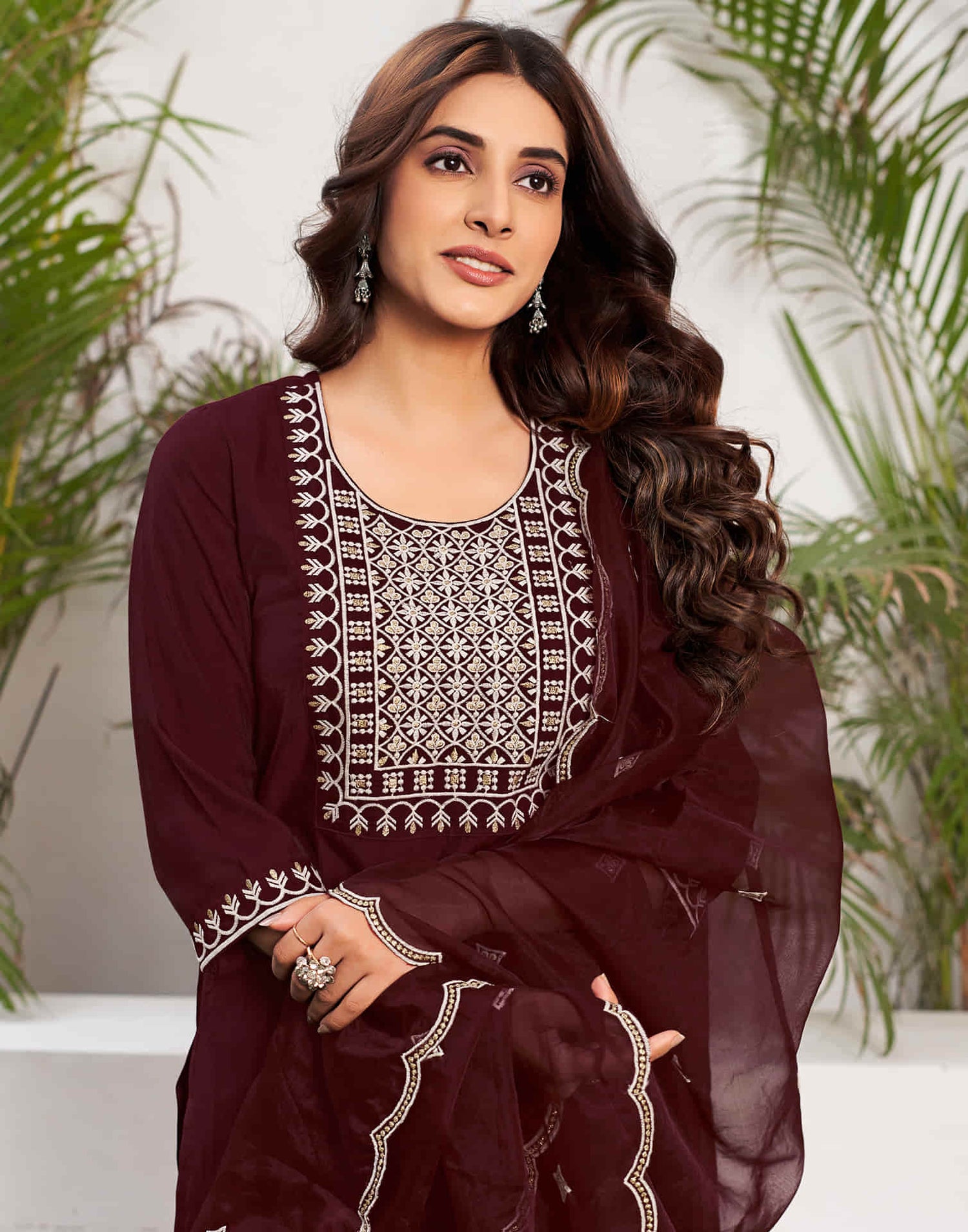 Maroon Embroidery Silk Straight Kurta With Pant And Dupatta