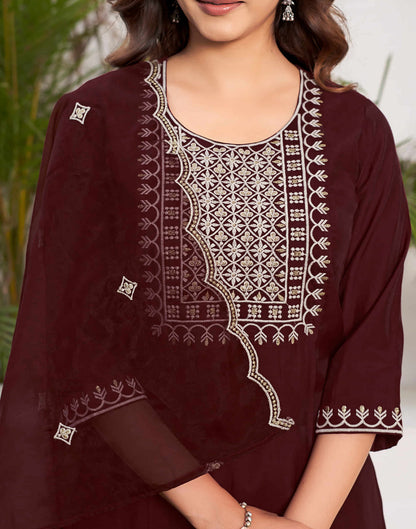 Maroon Embroidery Silk Straight Kurta With Pant And Dupatta