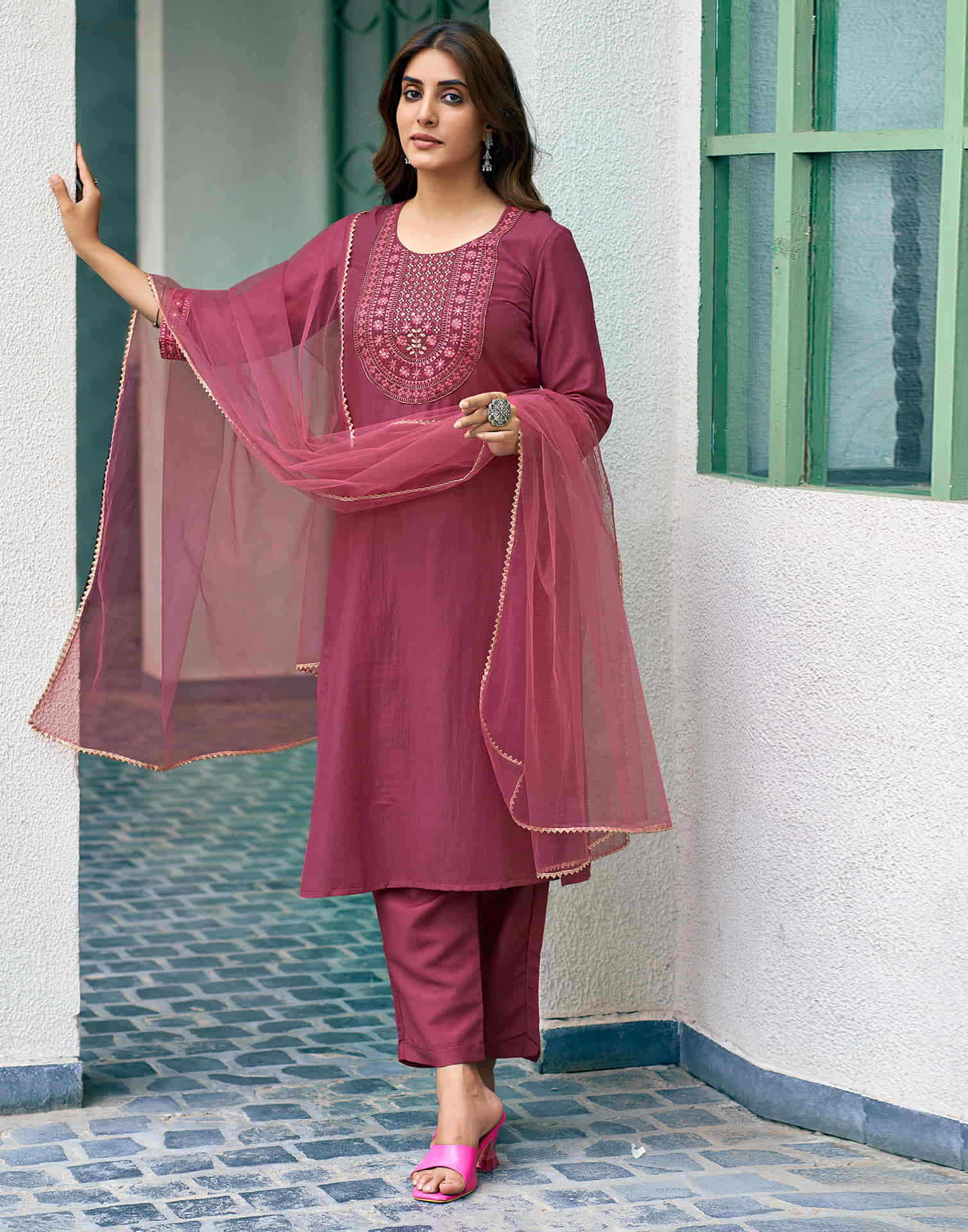 Rouge Pink Sequence Chinnon Straight Kurta With Pant And Dupatta