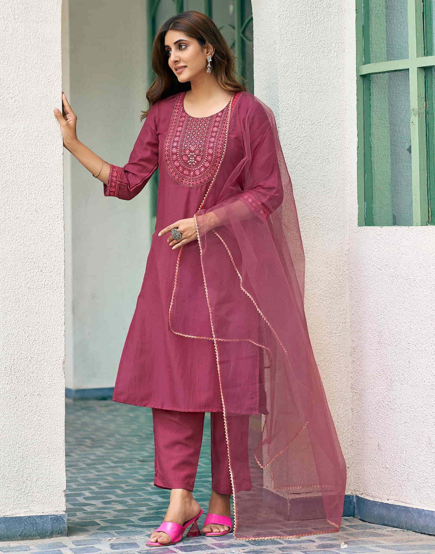 Rouge Pink Sequence Chinnon Straight Kurta With Pant And Dupatta