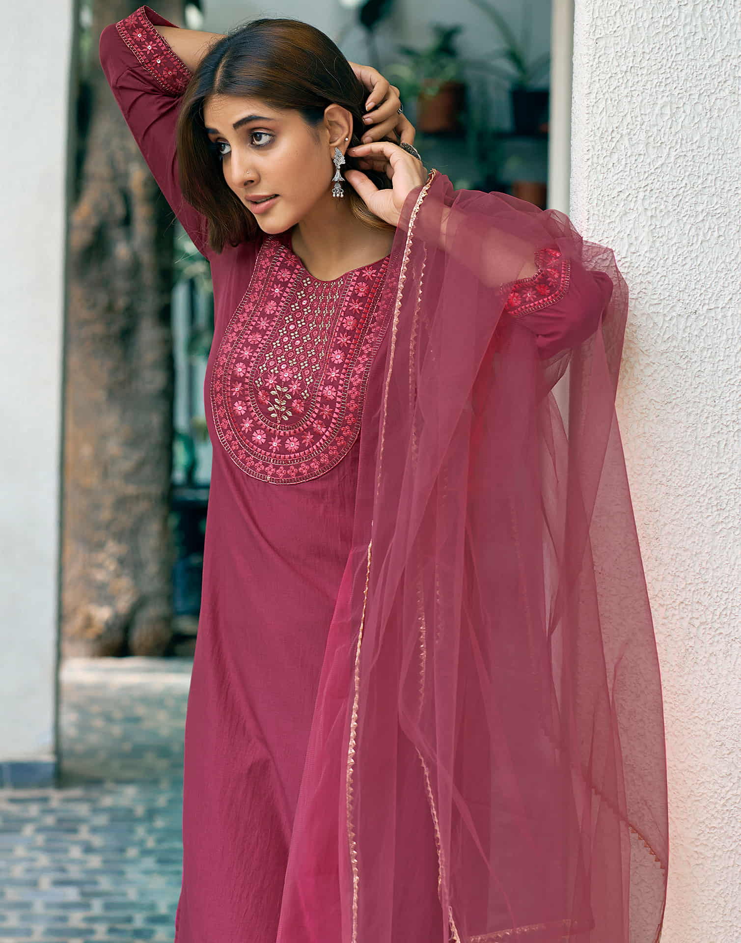 Rouge Pink Sequence Chinnon Straight Kurta With Pant And Dupatta