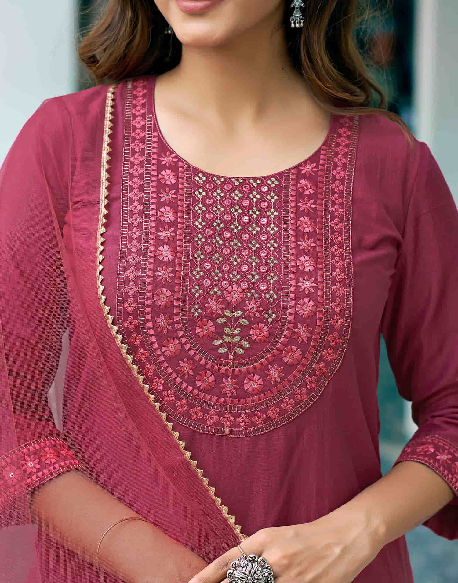 Rouge Pink Sequence Chinnon Straight Kurta With Pant And Dupatta