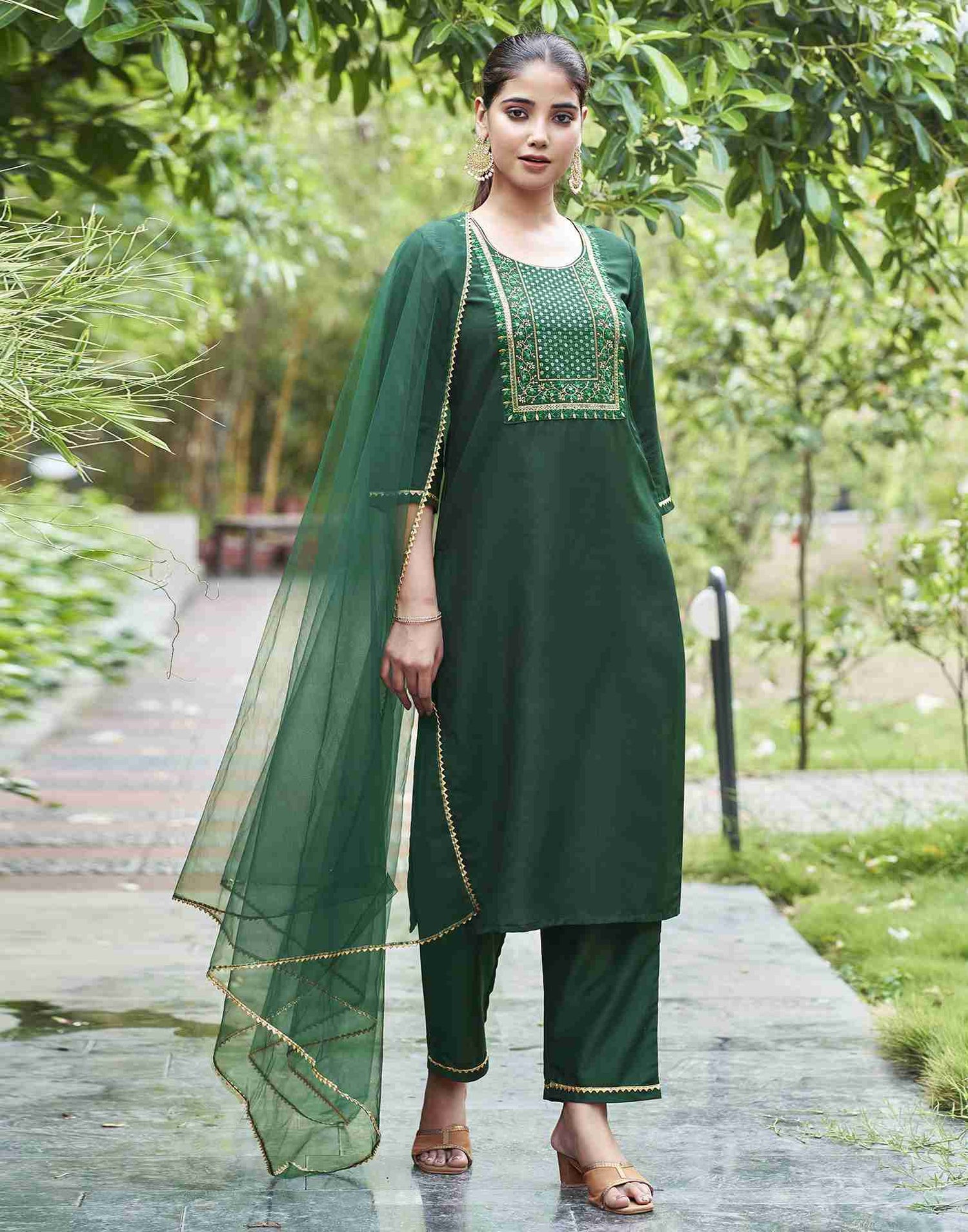 Dark Green Embroidery Chinnon Straight Kurta Set With Dupatta