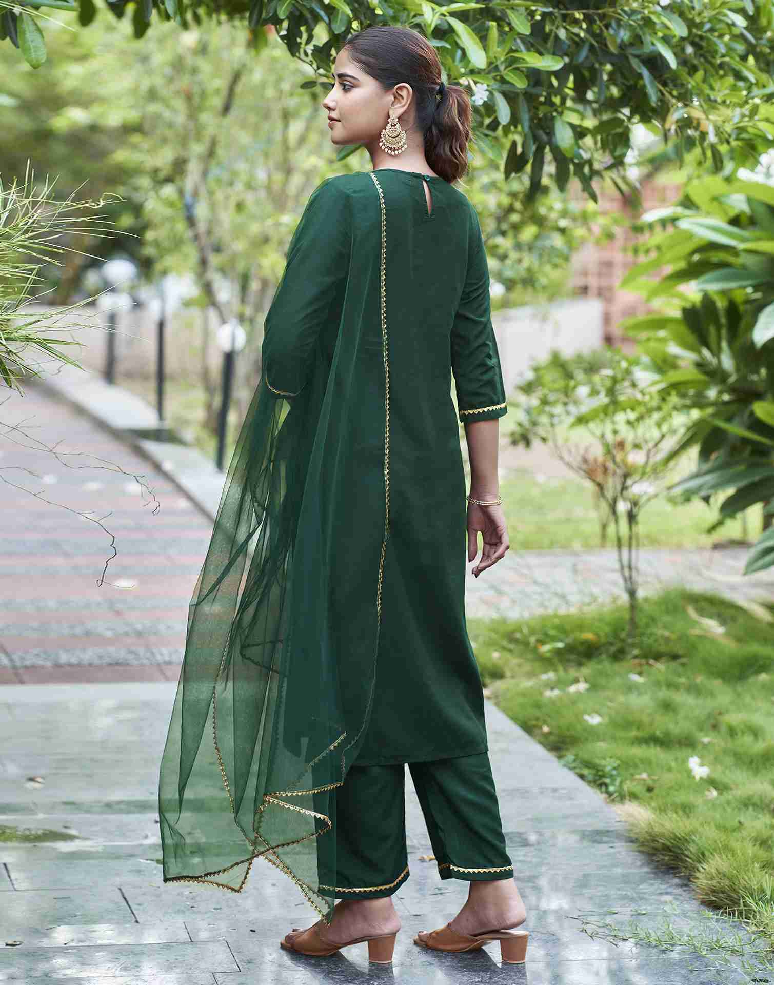 Dark Green Embroidery Chinnon Straight Kurta Set With Dupatta