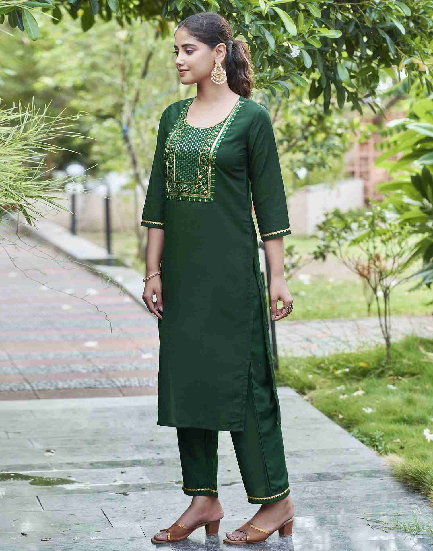 Dark Green Embroidery Chinnon Straight Kurta Set With Dupatta