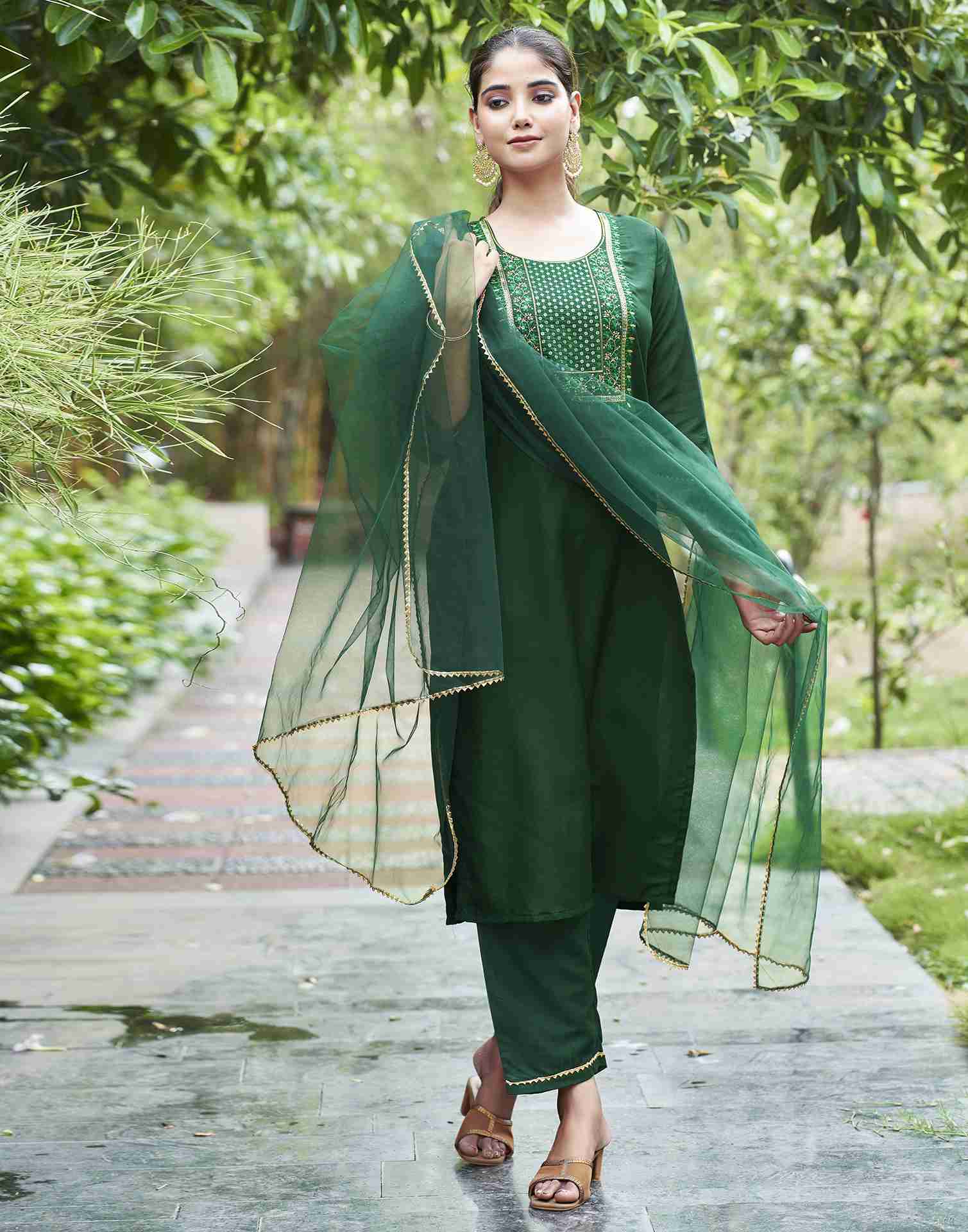 Dark Green Embroidery Chinnon Straight Kurta Set With Dupatta