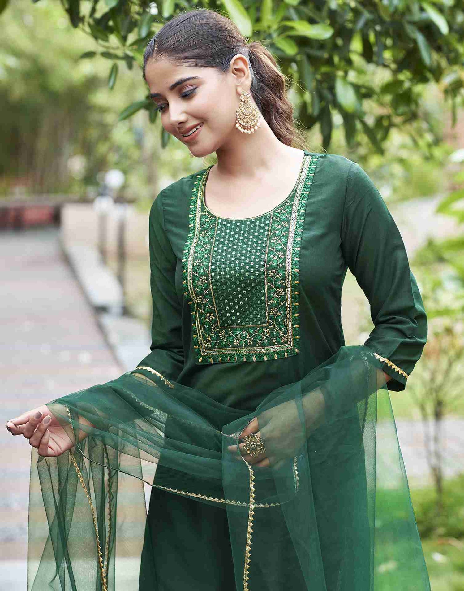 Dark Green Embroidery Chinnon Straight Kurta Set With Dupatta