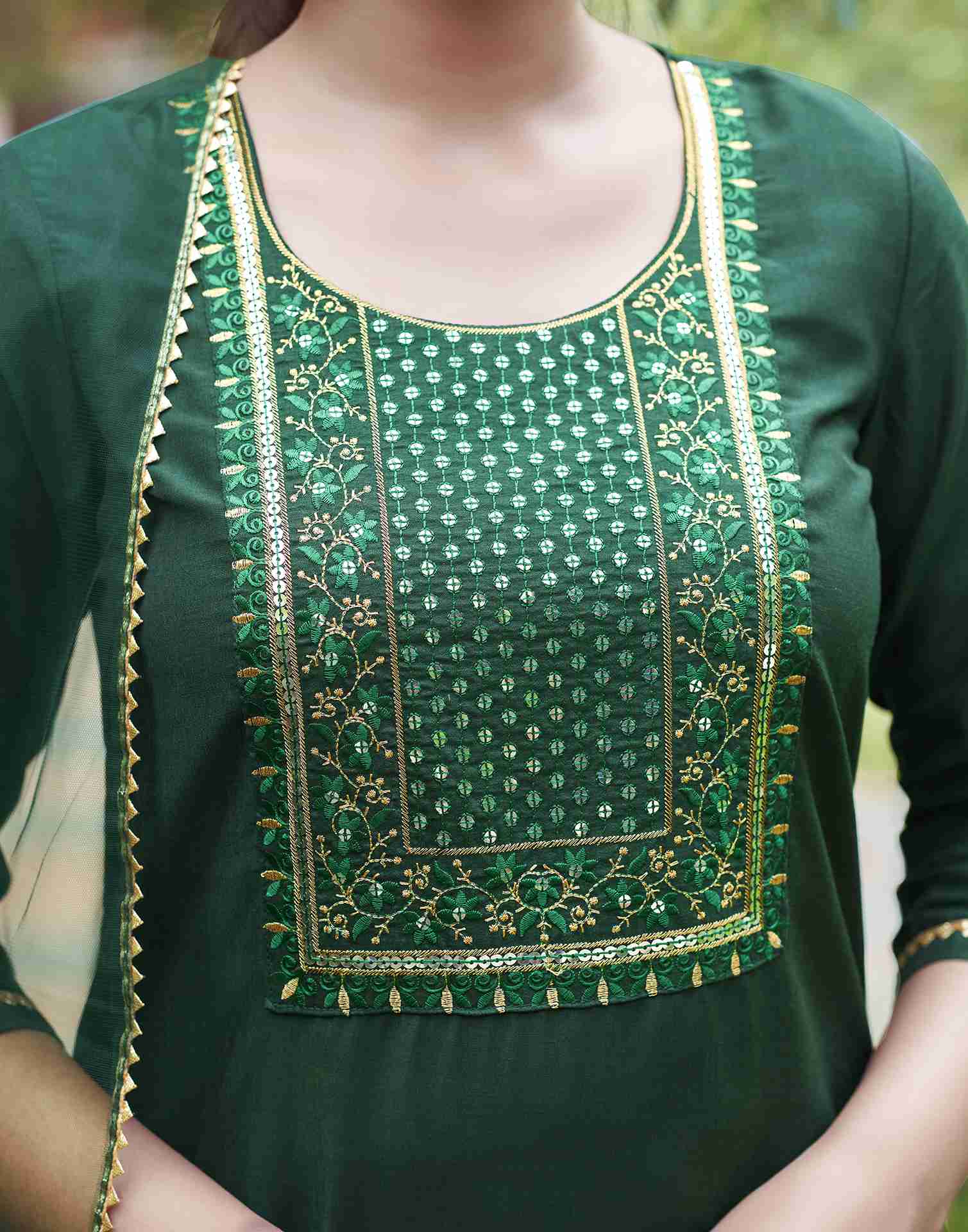 Dark Green Embroidery Chinnon Straight Kurta Set With Dupatta