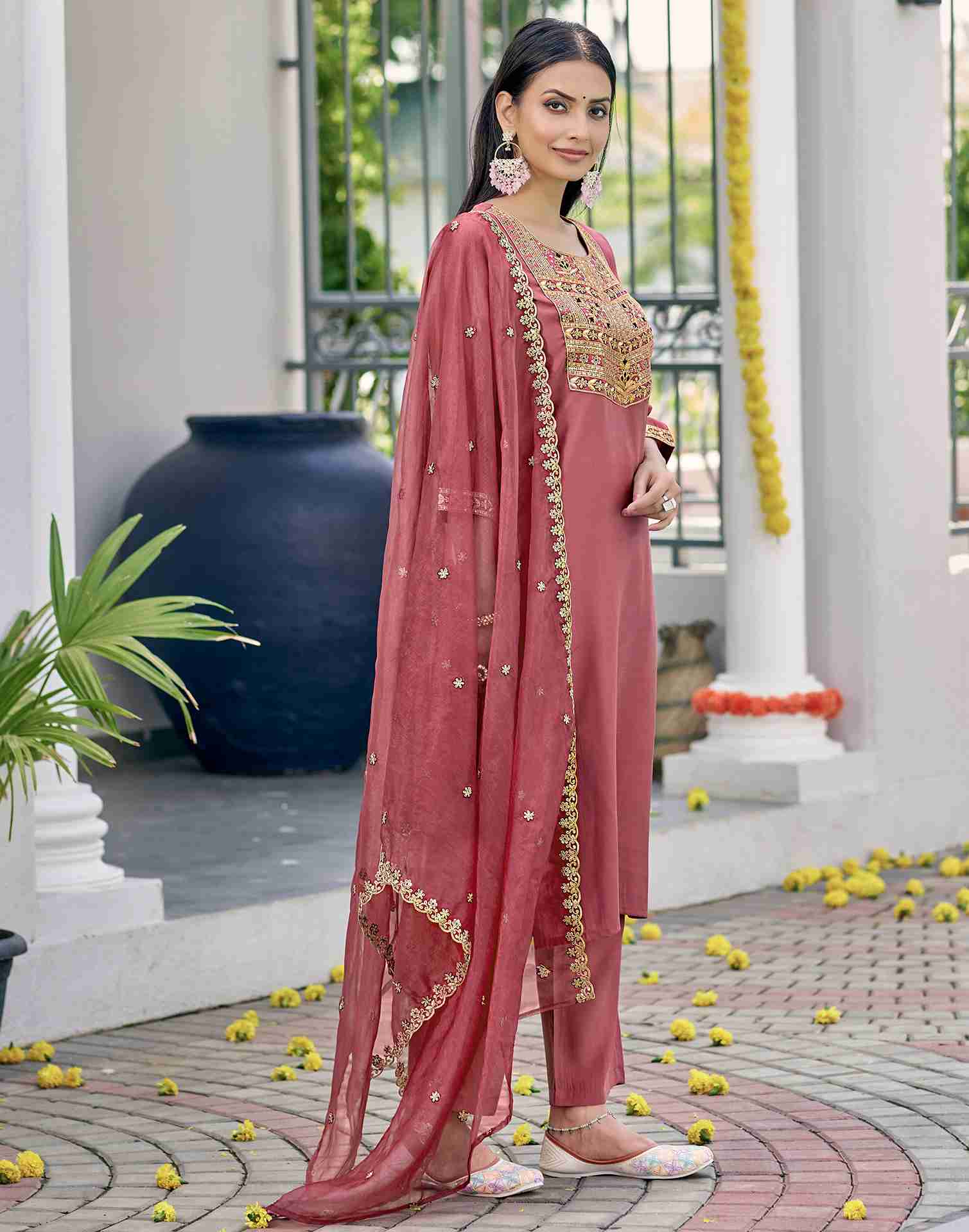 Dark Dusty Pink Silk Embroidery Straight Kurta Set With Dupatta