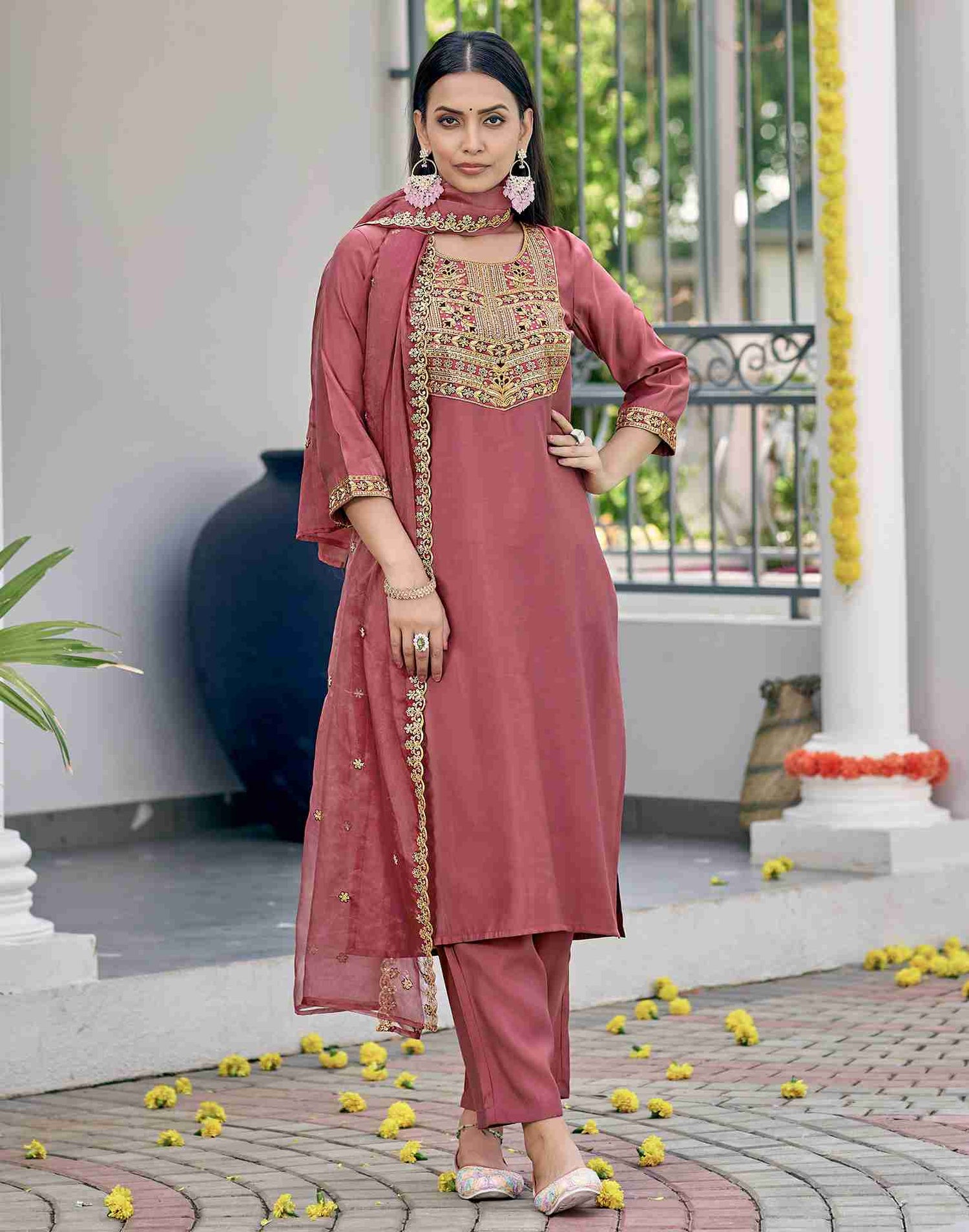 Dark Dusty Pink Silk Embroidery Straight Kurta Set With Dupatta