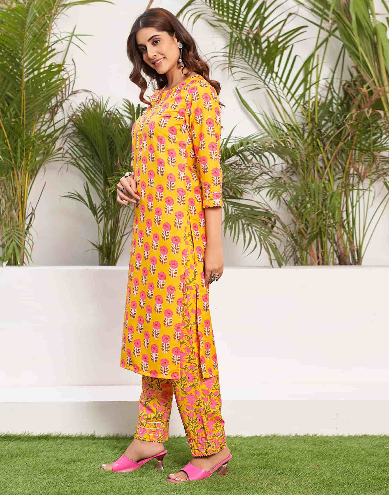 Yellow Printed Rayon Straight Kurta With Pant And Dupatta