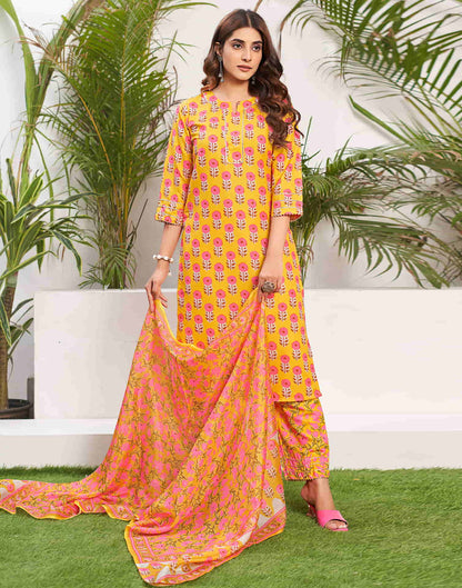 Yellow Printed Rayon Straight Kurta With Pant And Dupatta