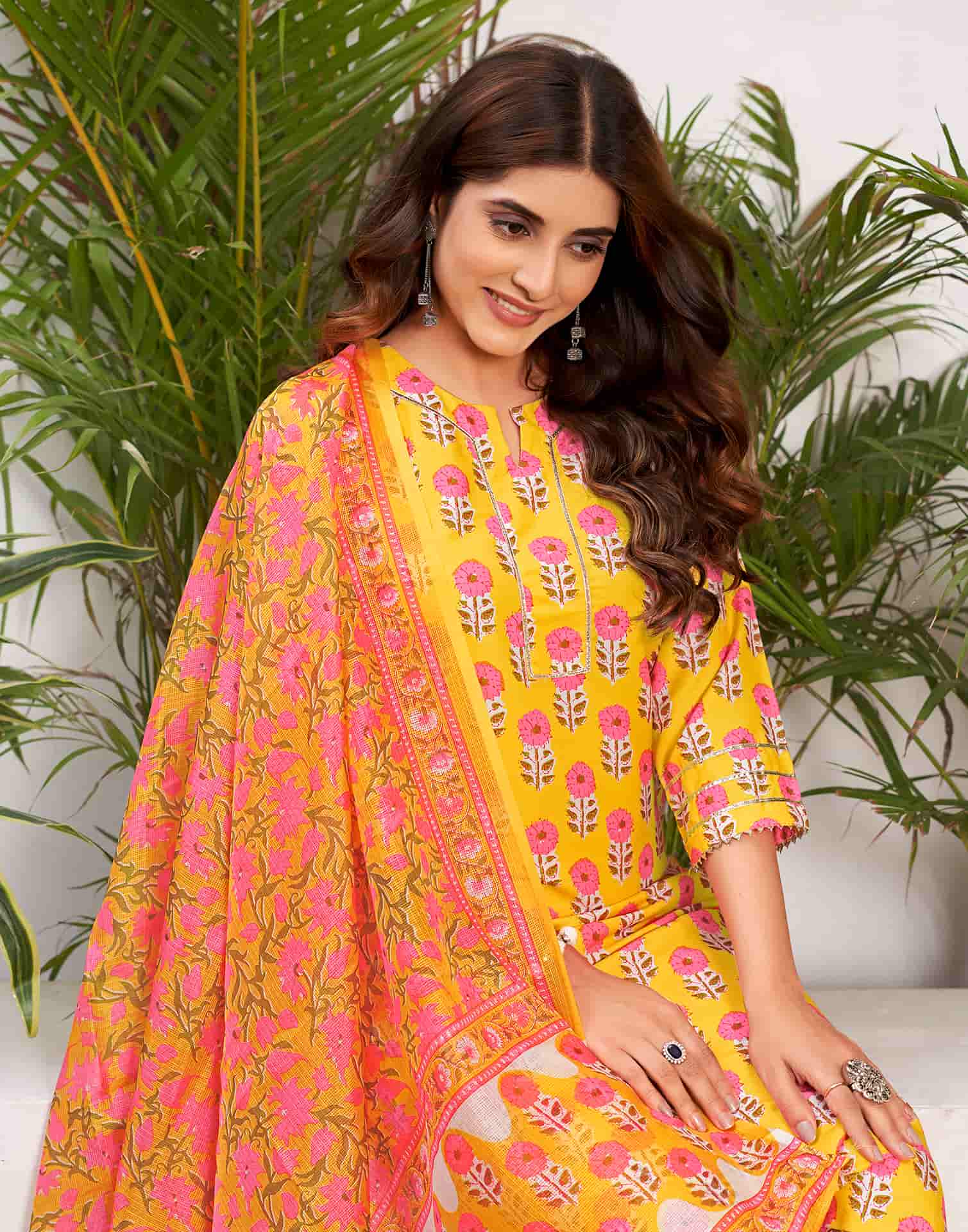 Yellow Printed Rayon Straight Kurta With Pant And Dupatta