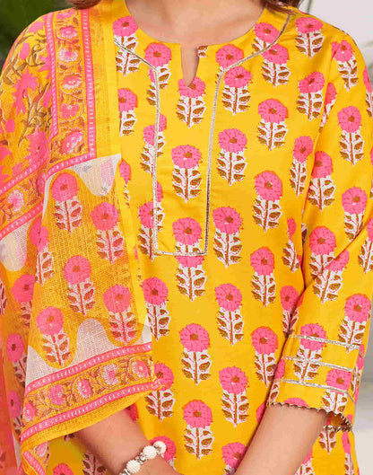 Yellow Printed Rayon Straight Kurta With Pant And Dupatta