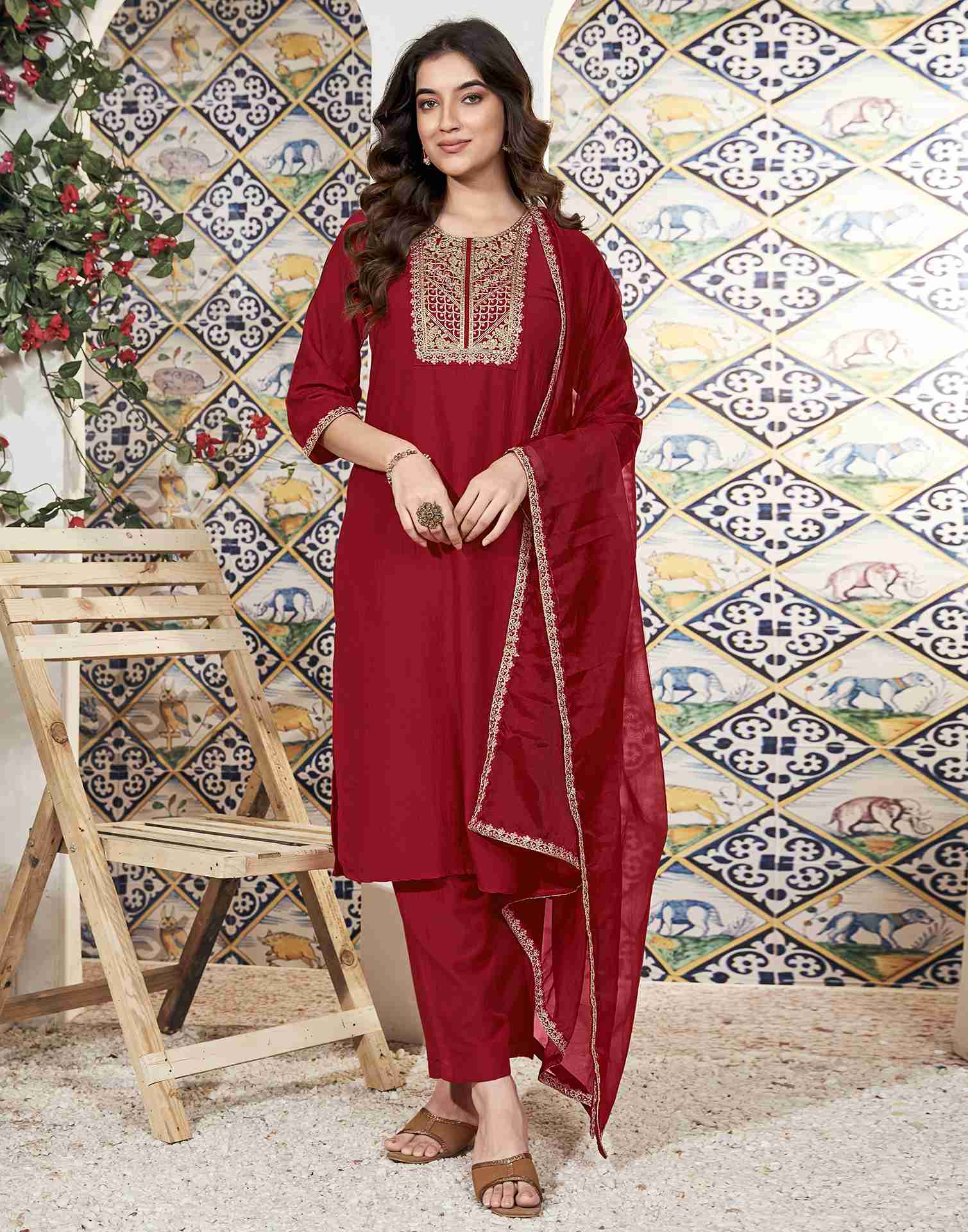 Red Embroidery Chinnon Straight Kurta Set With Dupatta