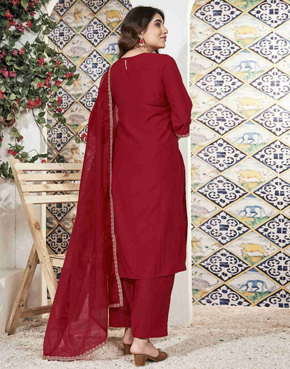 Red Embroidery Chinnon Straight Kurta Set With Dupatta