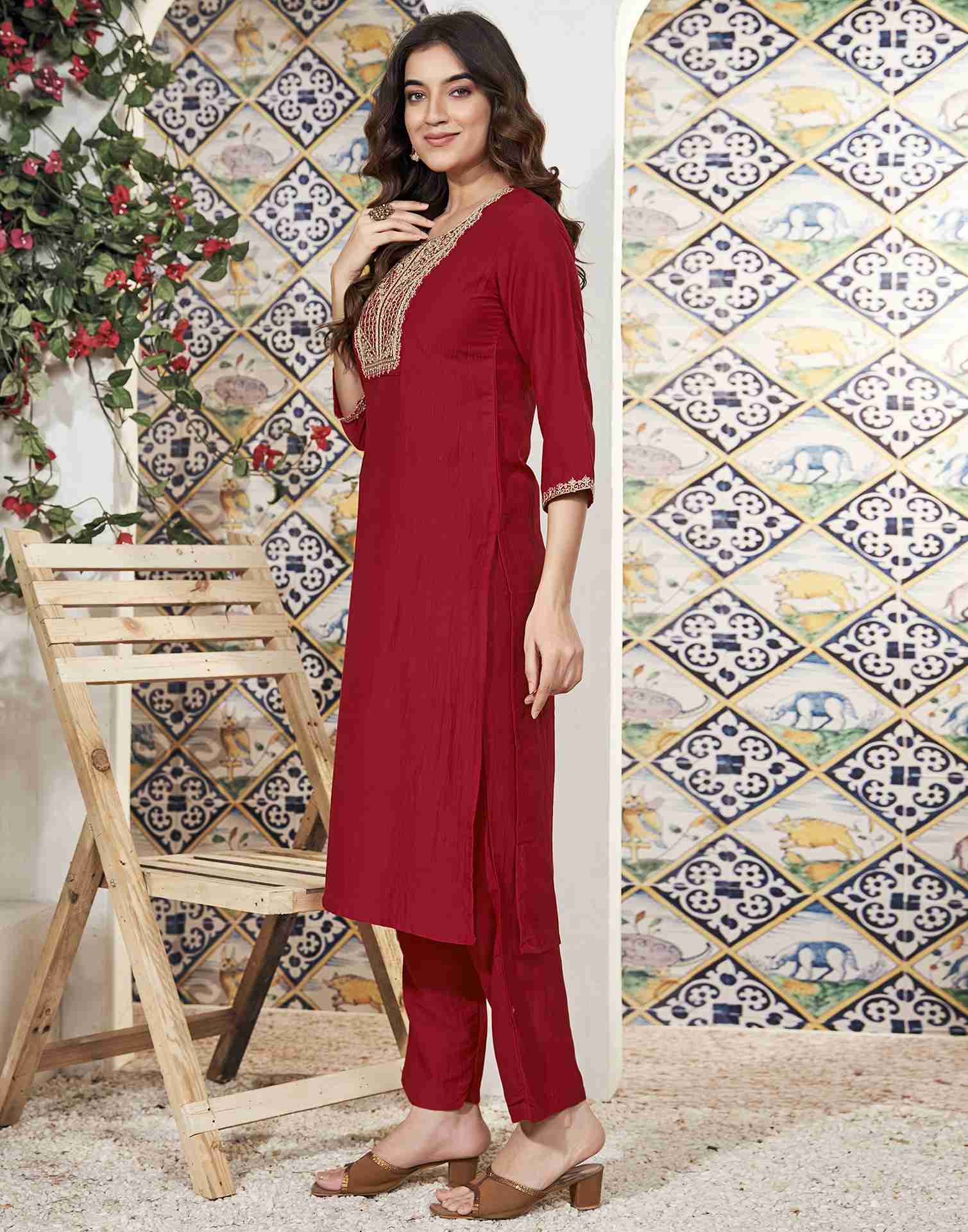 Red Embroidery Chinnon Straight Kurta Set With Dupatta