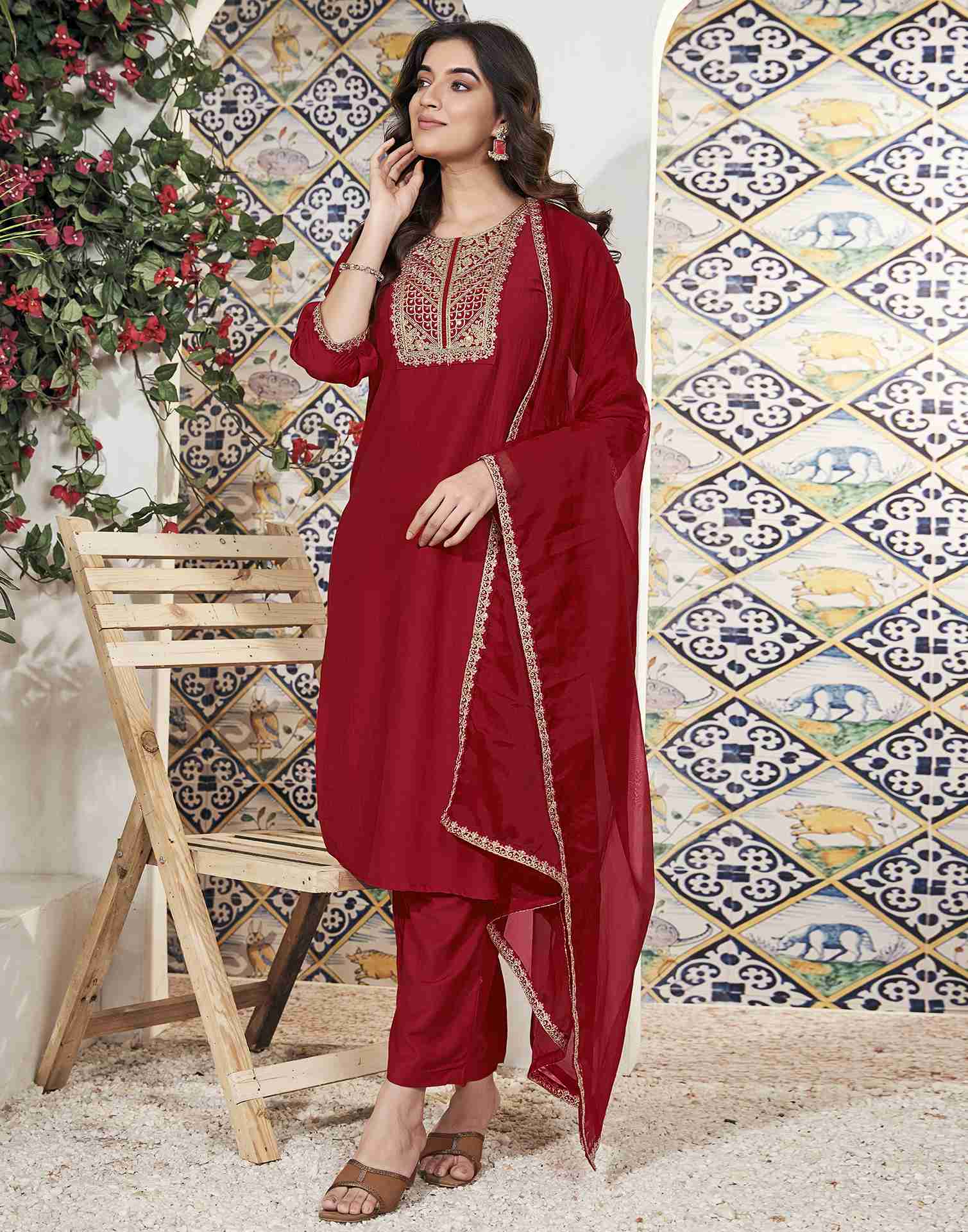 Red Embroidery Chinnon Straight Kurta Set With Dupatta