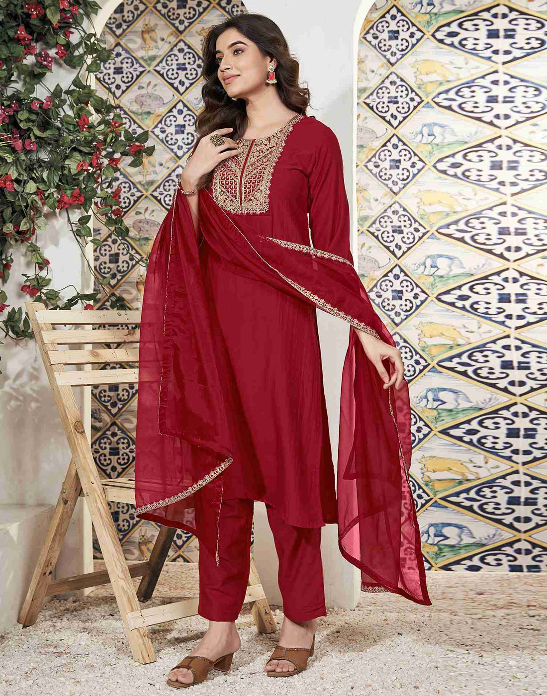 Red Embroidery Chinnon Straight Kurta Set With Dupatta