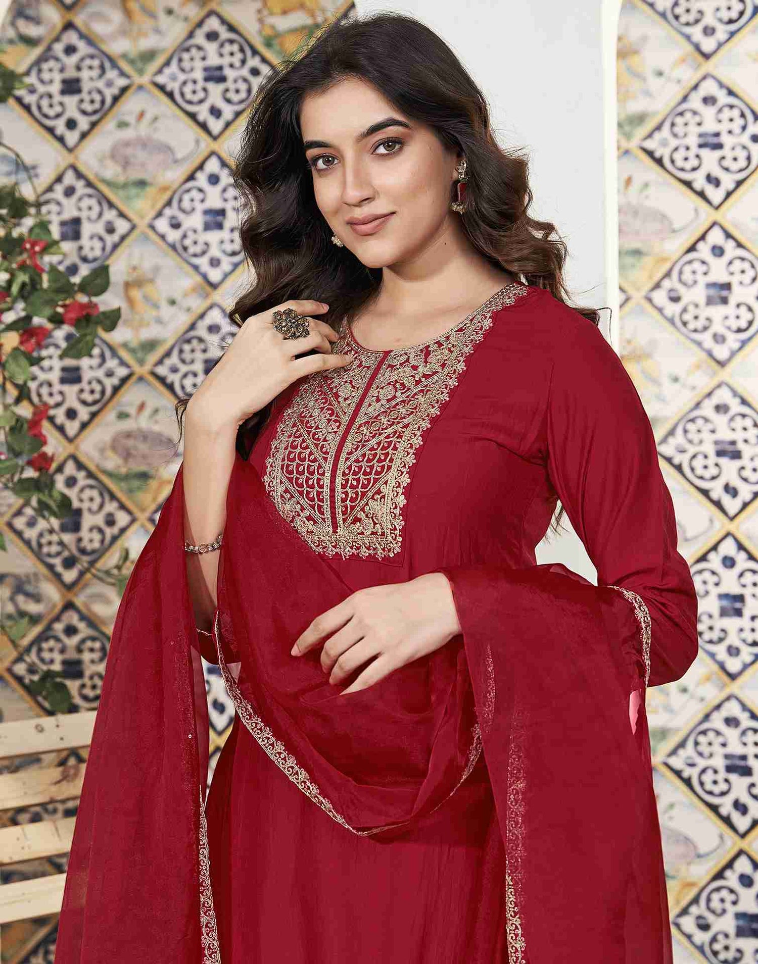 Red Embroidery Chinnon Straight Kurta Set With Dupatta