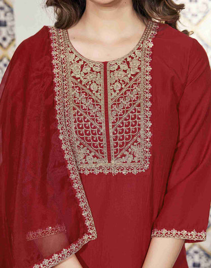 Red Embroidery Chinnon Straight Kurta Set With Dupatta