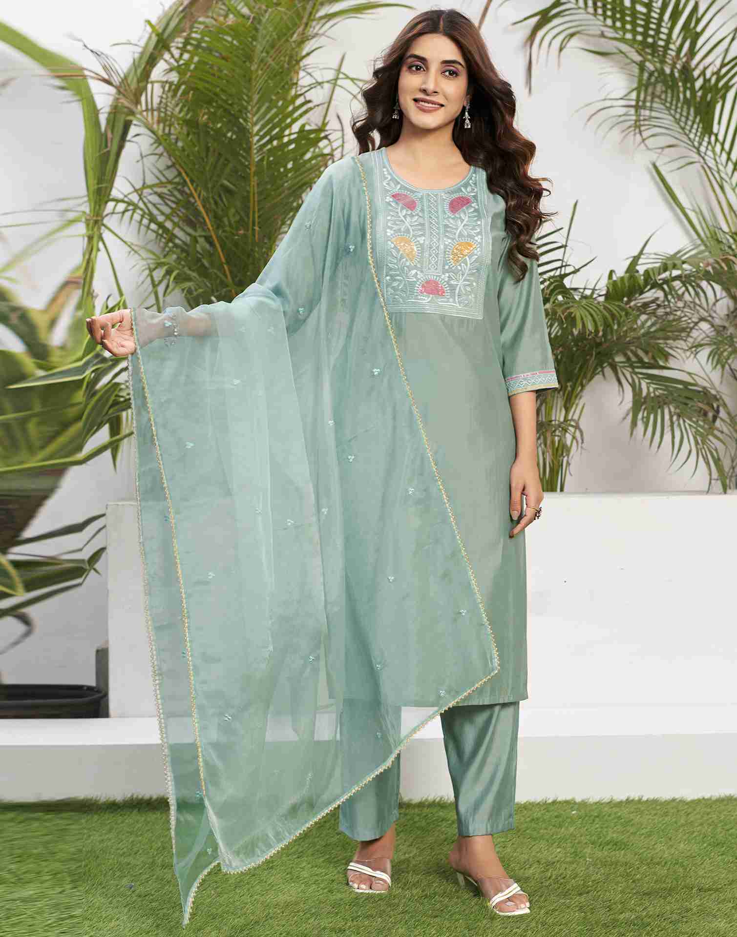 Light Pista Green Silk Embroidery Straight Kurta Set With Dupatta