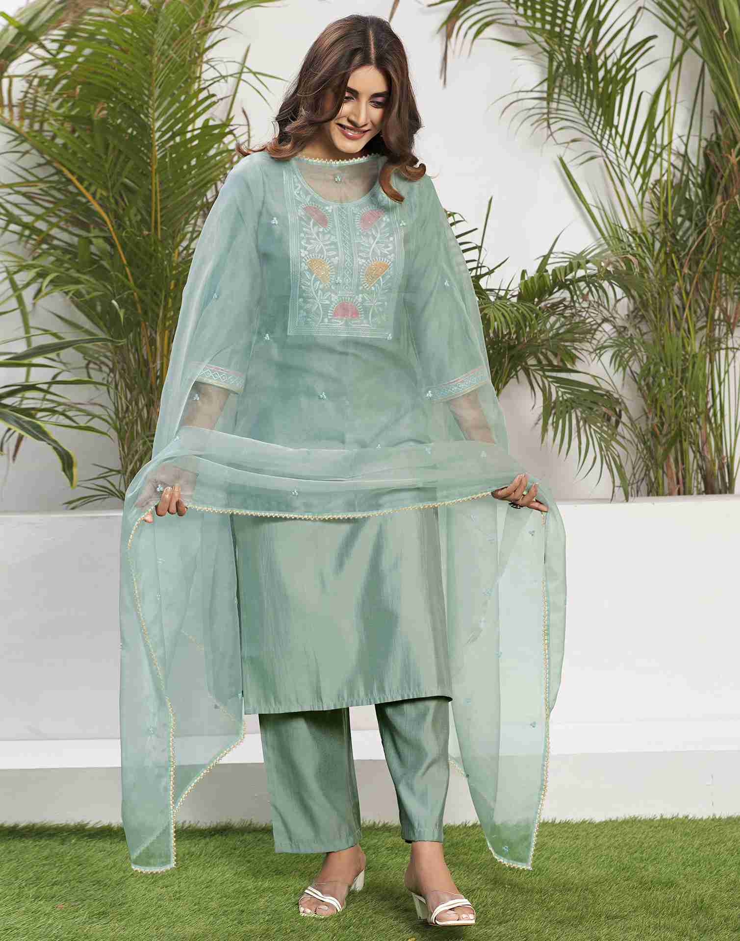 Light Pista Green Silk Embroidery Straight Kurta Set With Dupatta