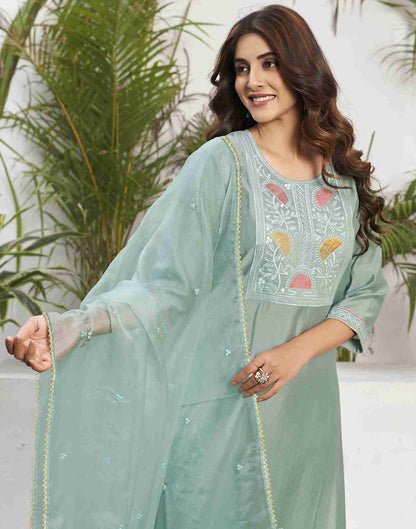 Light Pista Green Silk Embroidery Straight Kurta Set With Dupatta