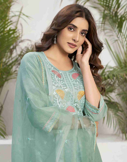 Light Pista Green Silk Embroidery Straight Kurta Set With Dupatta