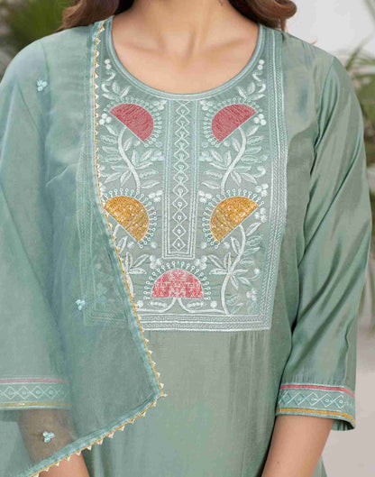 Light Pista Green Silk Embroidery Straight Kurta Set With Dupatta