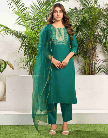 Teal Green Cotton Embroidery Straight Kurta Set With Dupatta