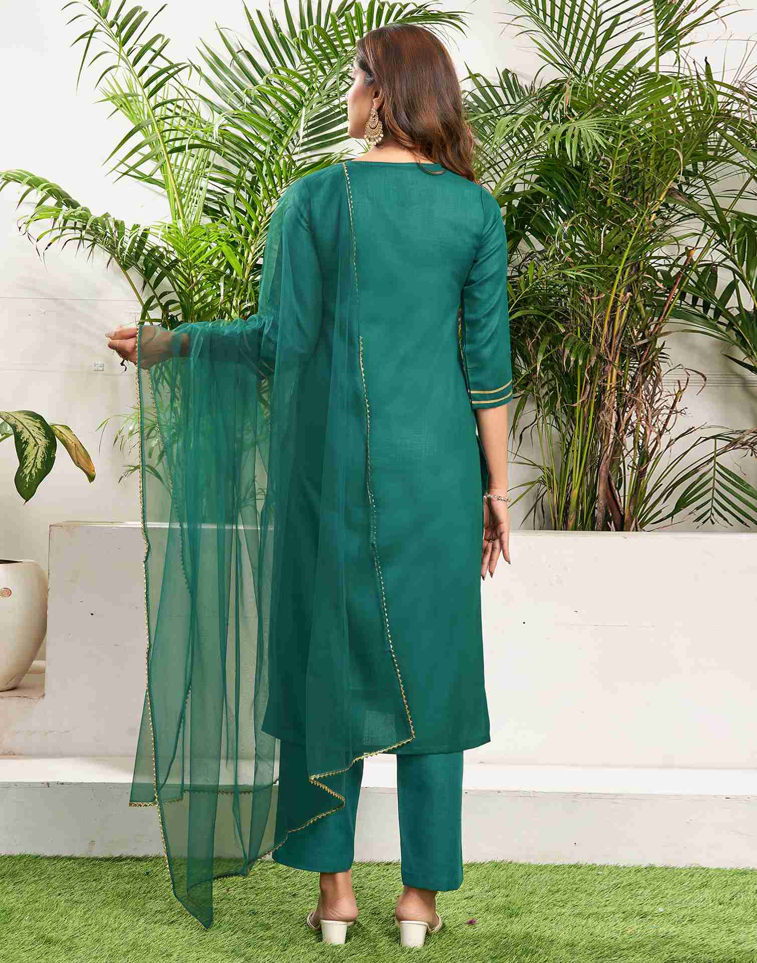 Teal Green Cotton Embroidery Straight Kurta Set With Dupatta