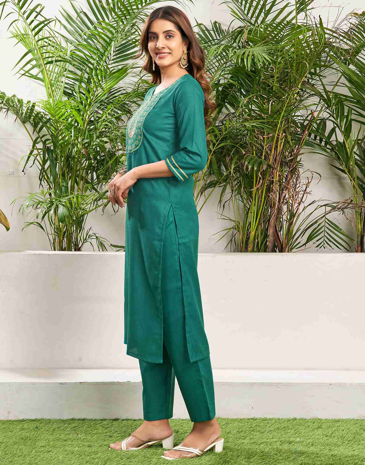 Teal Green Cotton Embroidery Straight Kurta Set With Dupatta