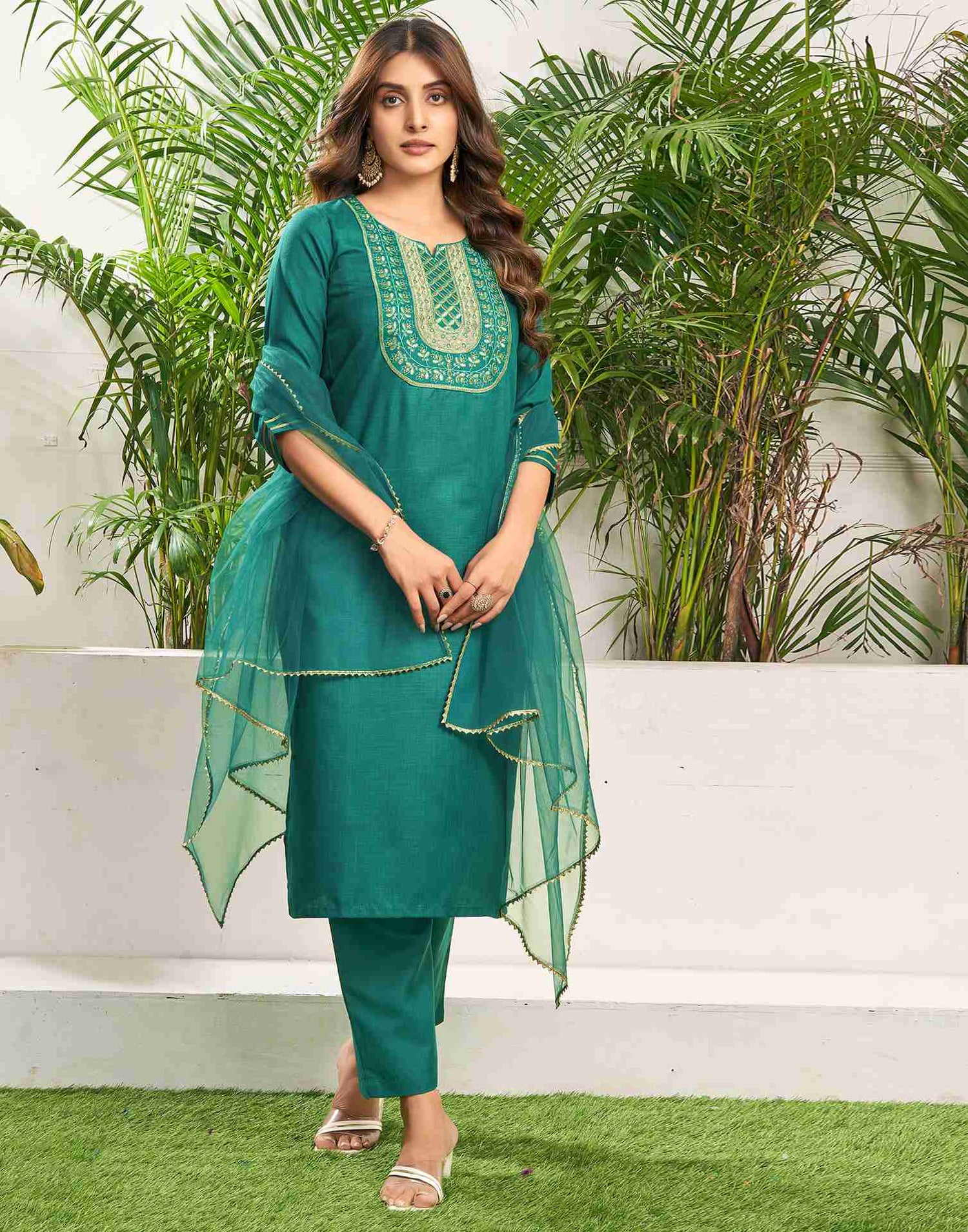 Teal Green Cotton Embroidery Straight Kurta Set With Dupatta