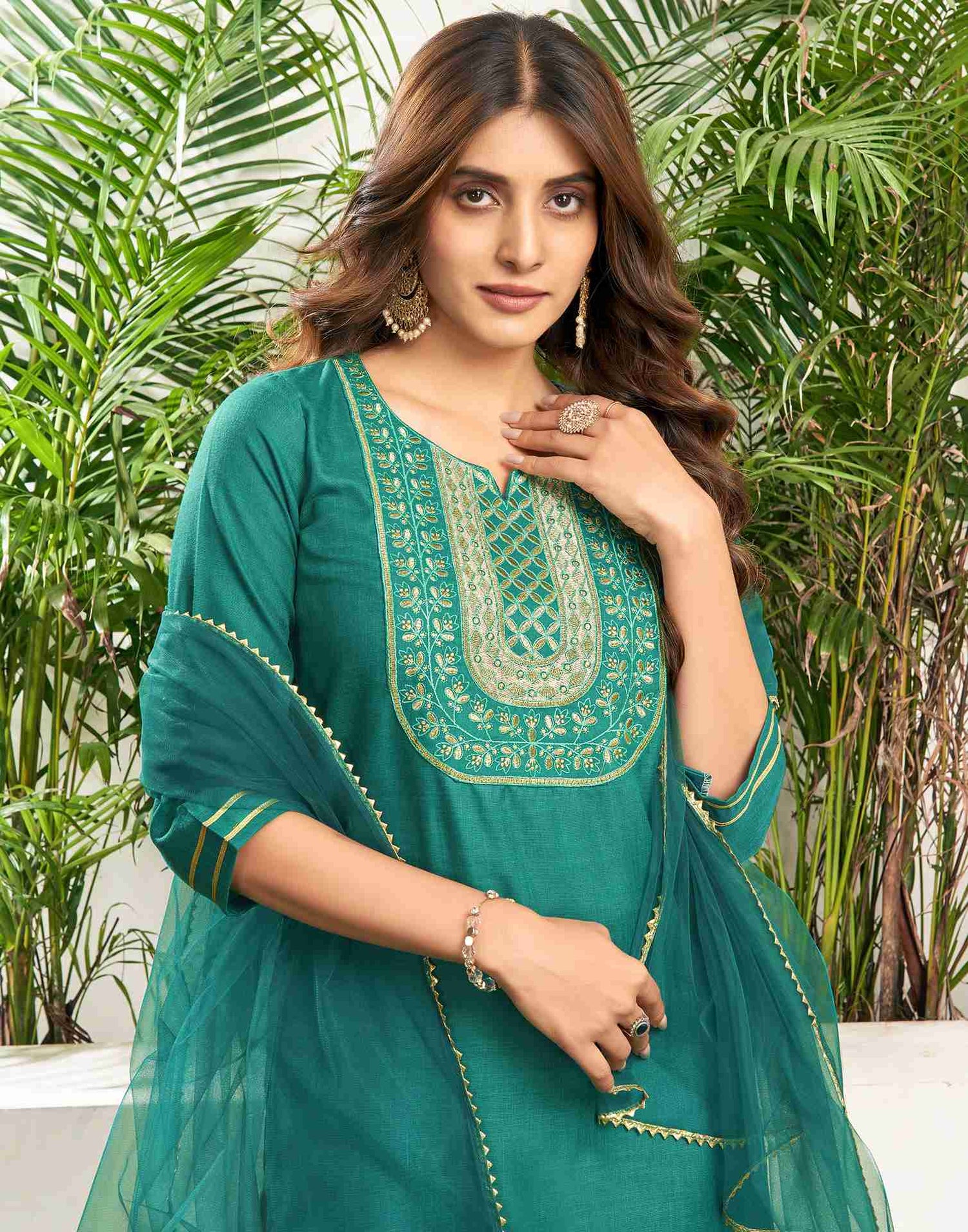 Teal Green Cotton Embroidery Straight Kurta Set With Dupatta