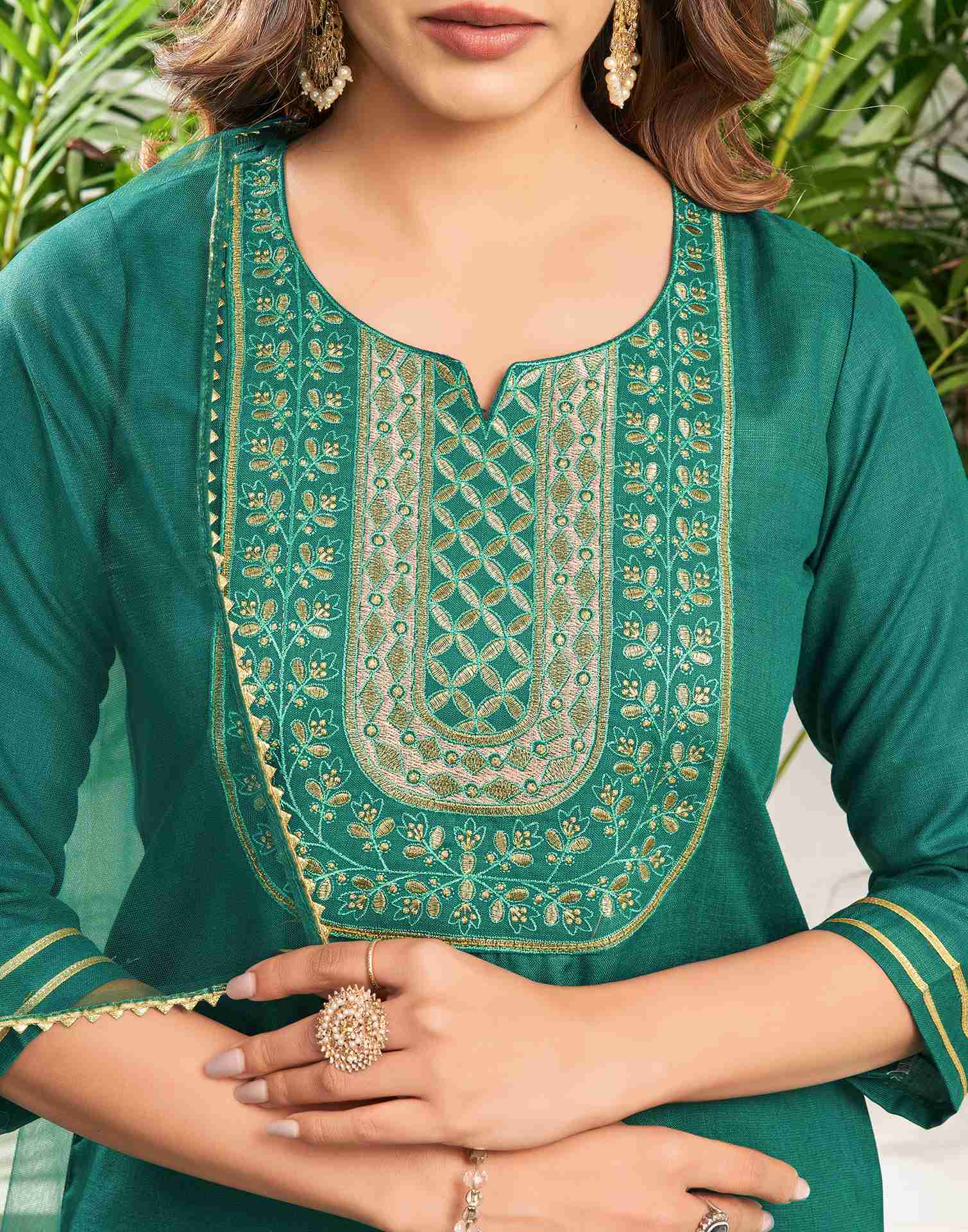 Teal Green Cotton Embroidery Straight Kurta Set With Dupatta