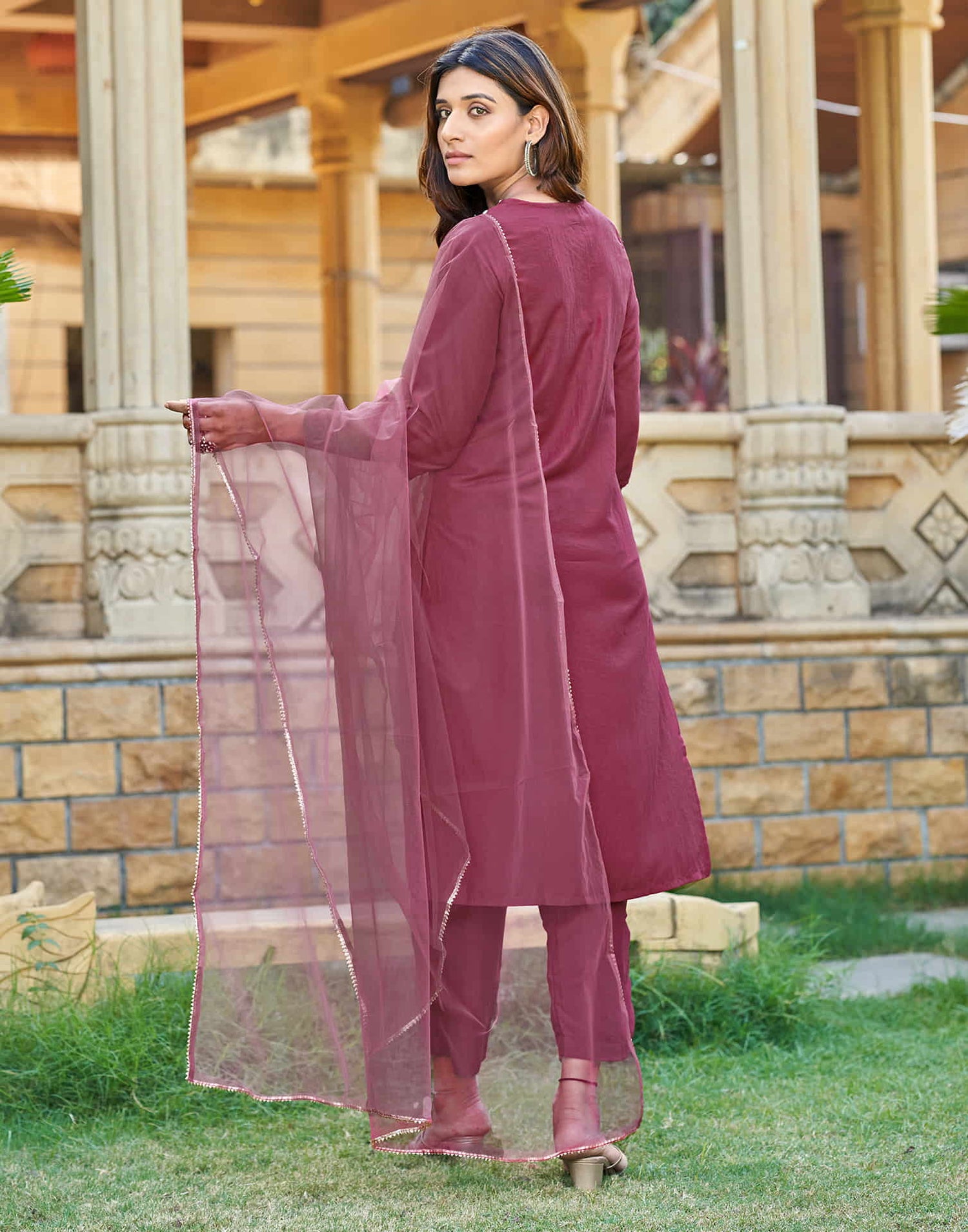 Rouge Pink Woven Chinnon Straight Kurta With Pant And Dupatta