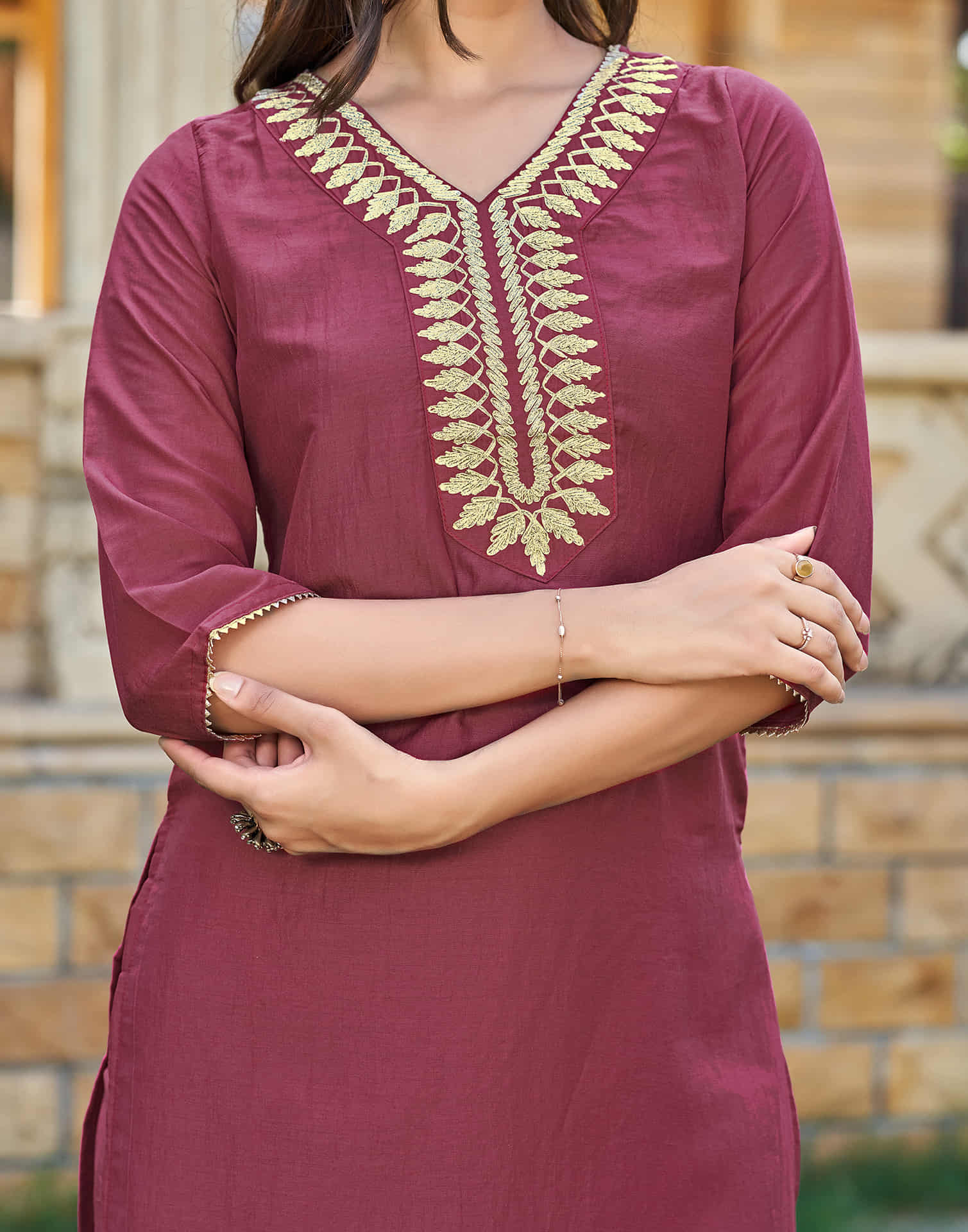 Rouge Pink Woven Chinnon Straight Kurta With Pant And Dupatta