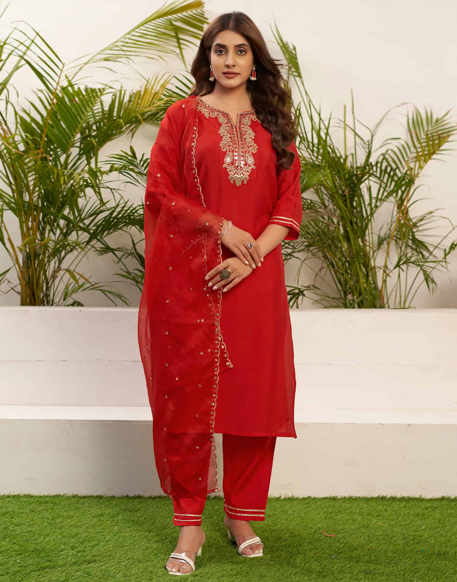 Red Sequence Silk Straight Kurta With Pant And Dupatta