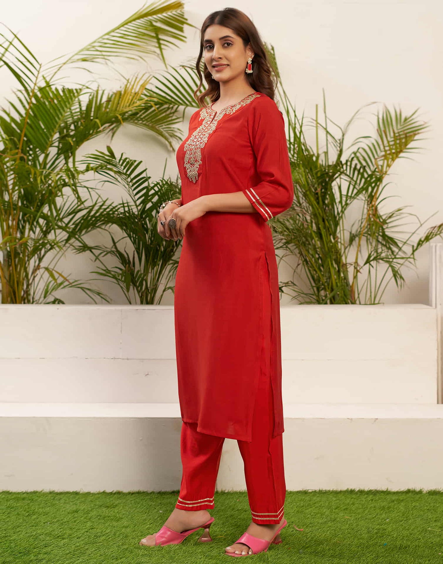 Red Sequence Silk Straight Kurta With Pant And Dupatta