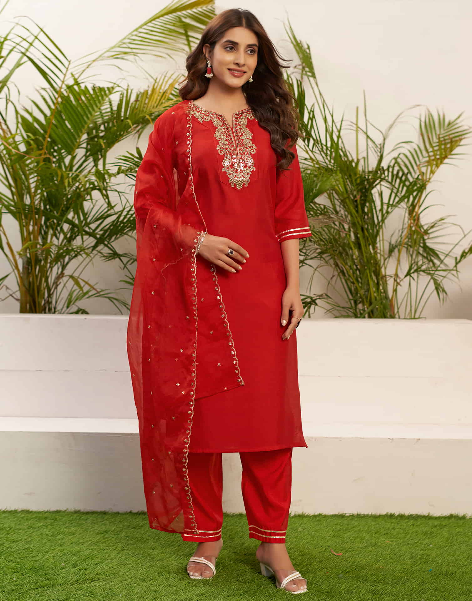 Red Sequence Silk Straight Kurta With Pant And Dupatta