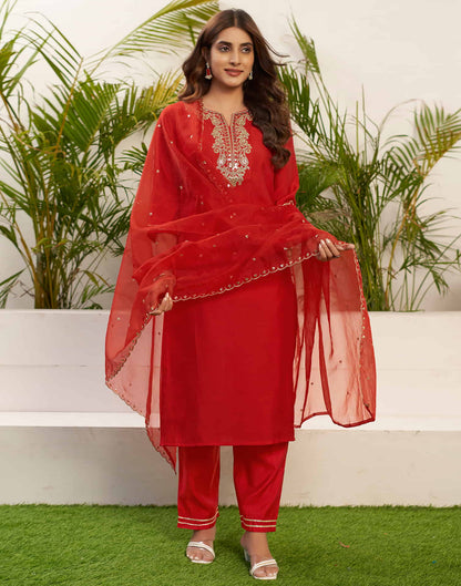 Red Sequence Silk Straight Kurta With Pant And Dupatta