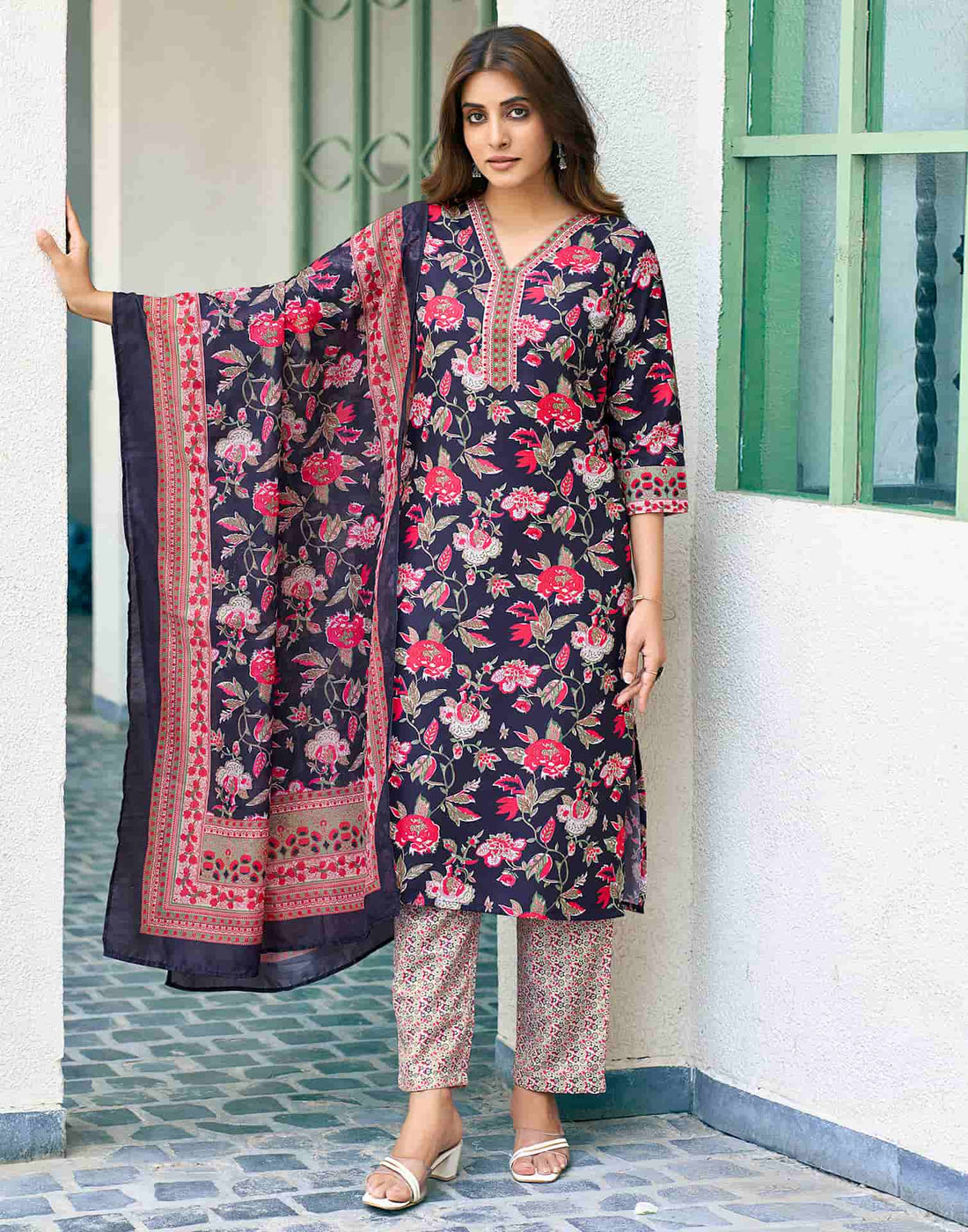 Navy Blue Printed Rayon Straight Kurta With Pant And Dupatta