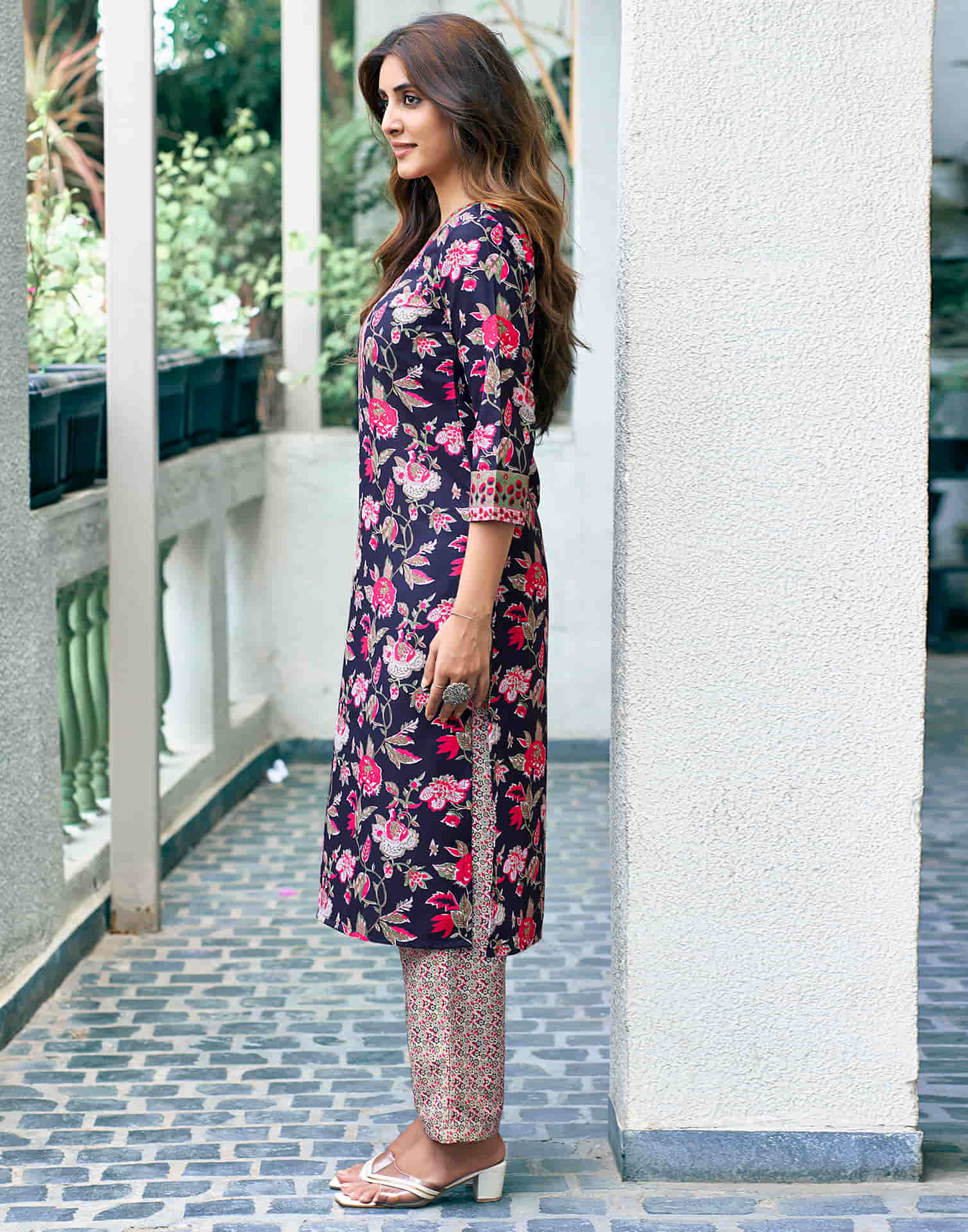 Navy Blue Printed Rayon Straight Kurta With Pant And Dupatta