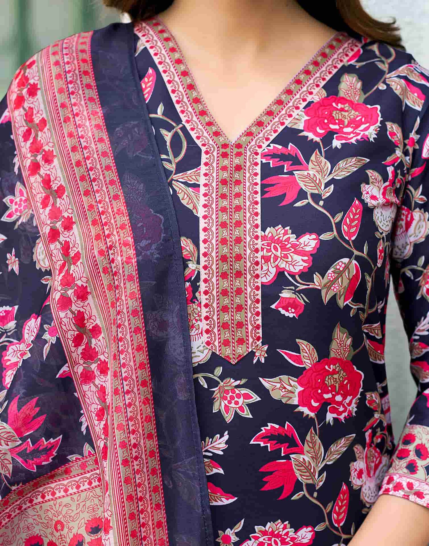 Navy Blue Printed Rayon Straight Kurta With Pant And Dupatta