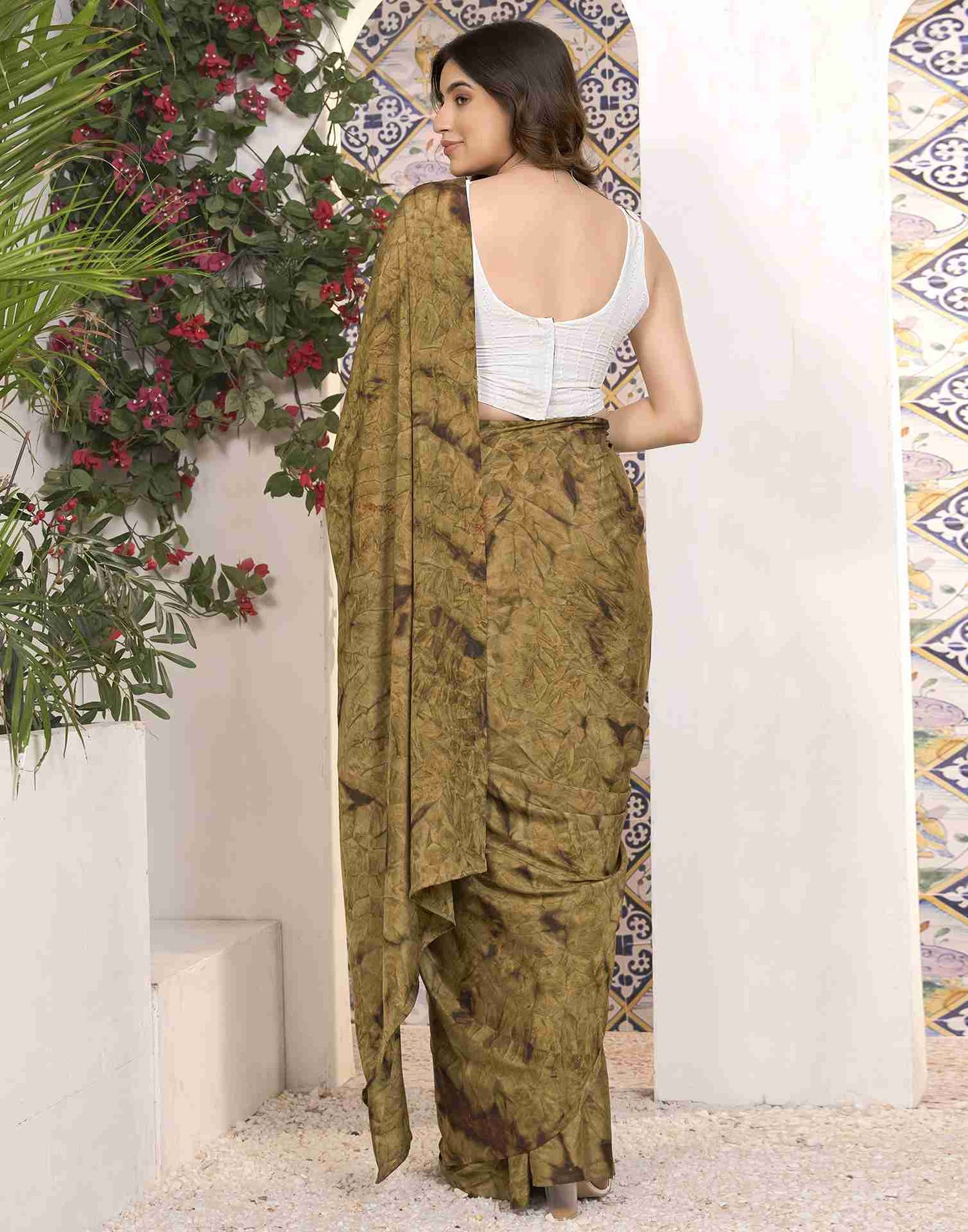 Ready To Wear Peanut Brown Georgette Printed Saree