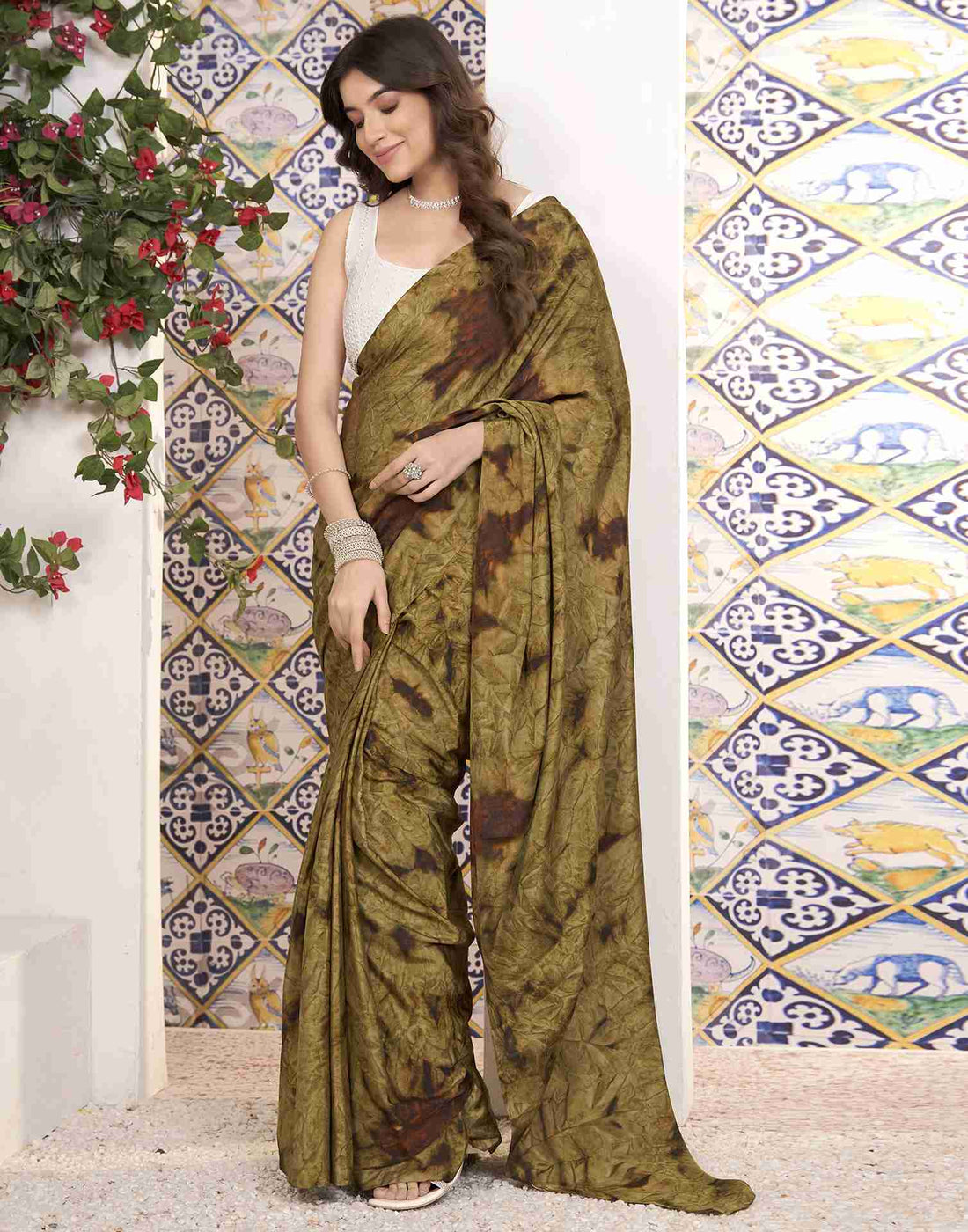 Ready To Wear Peanut Brown Georgette Printed Saree