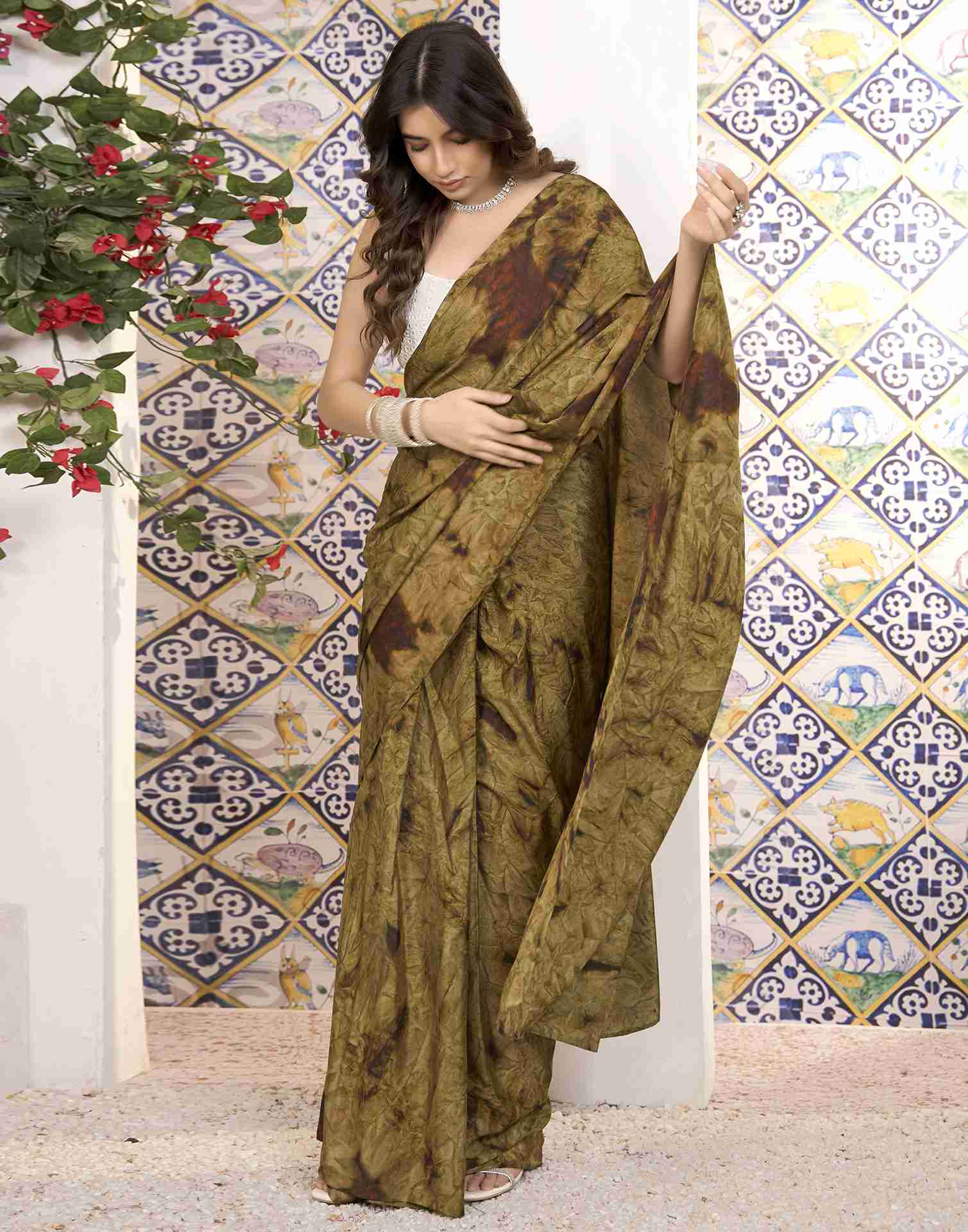 Ready To Wear Peanut Brown Georgette Printed Saree